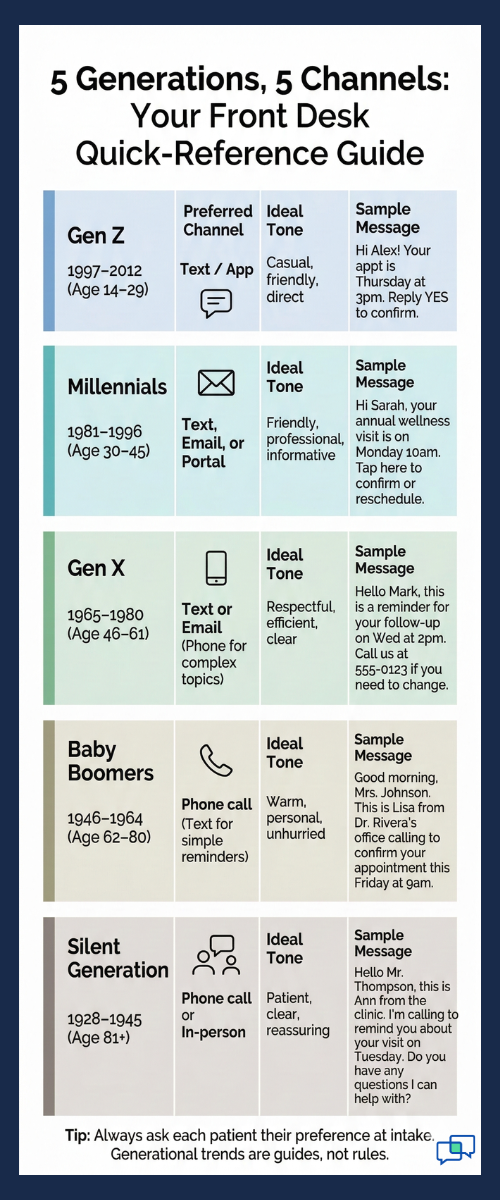 Infographic showing preferred communication channels for five patient generations from Gen Z to Silent Generation