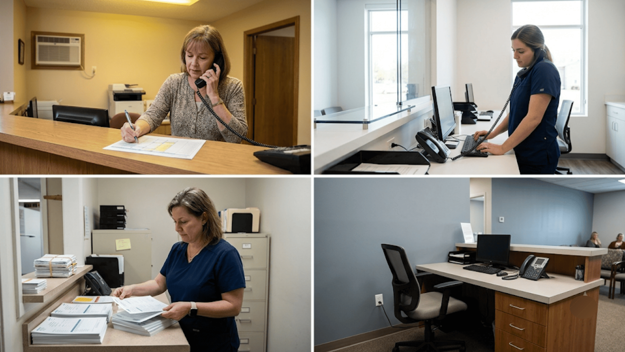 Multi-location practice front desk staff handling appointment reminders differently at each site