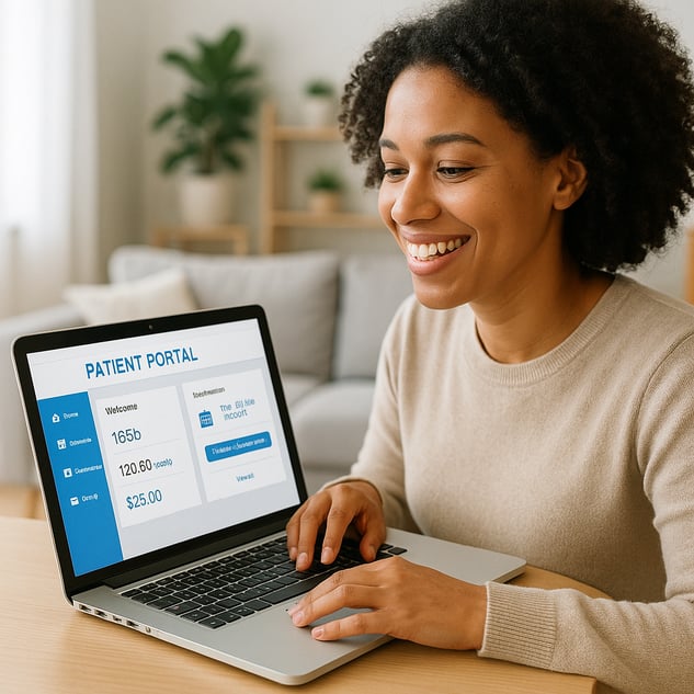 Patient using a laptop to access a patient portal, a key tool for how to increase patient engagement and one of many effective patient engagement ideas in modern healthcare.