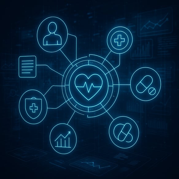 Futuristic holographic interface showing interconnected health data, symbolizing the future of patient engagement strategies and how to increase patient engagement through innovation.