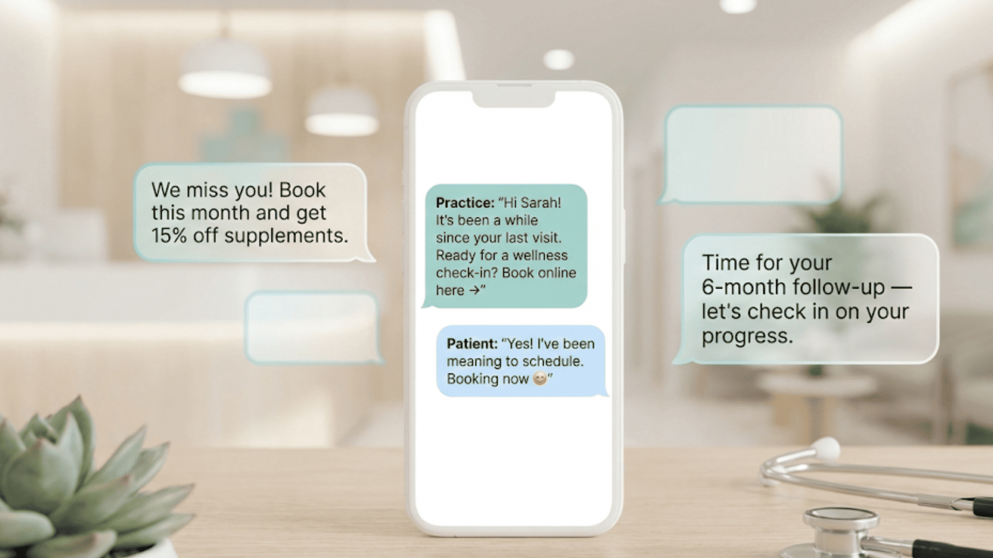 Smartphone showing a patient re-engagement text message from a healthcare practice using Curogram and Cerbo