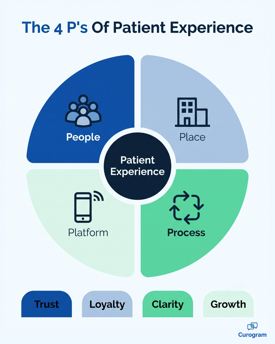 The 4 P's of patient experience wheel: People, Place, Process, and Platform quadrants