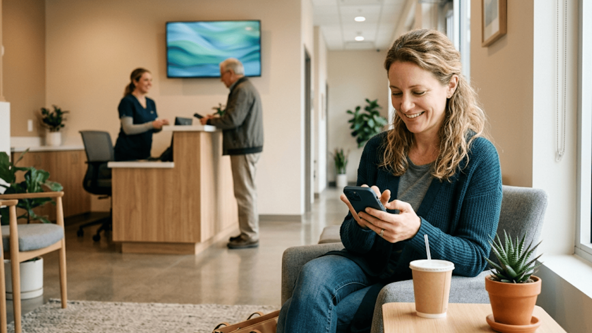 Satisfied patient submitting a post-visit Google review from a clinic waiting room