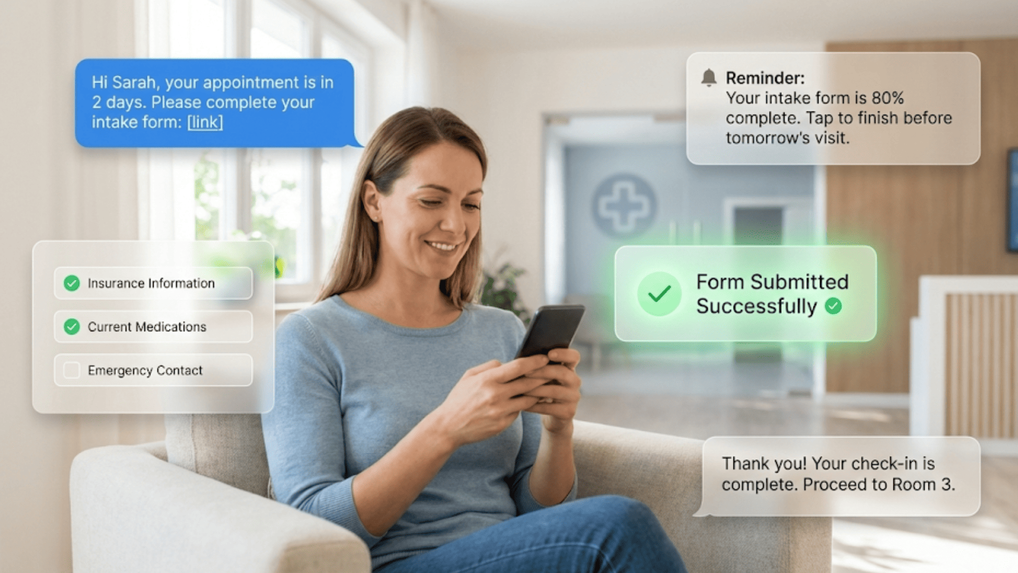 Patient receiving automated text reminders to complete digital intake form before clinic visit