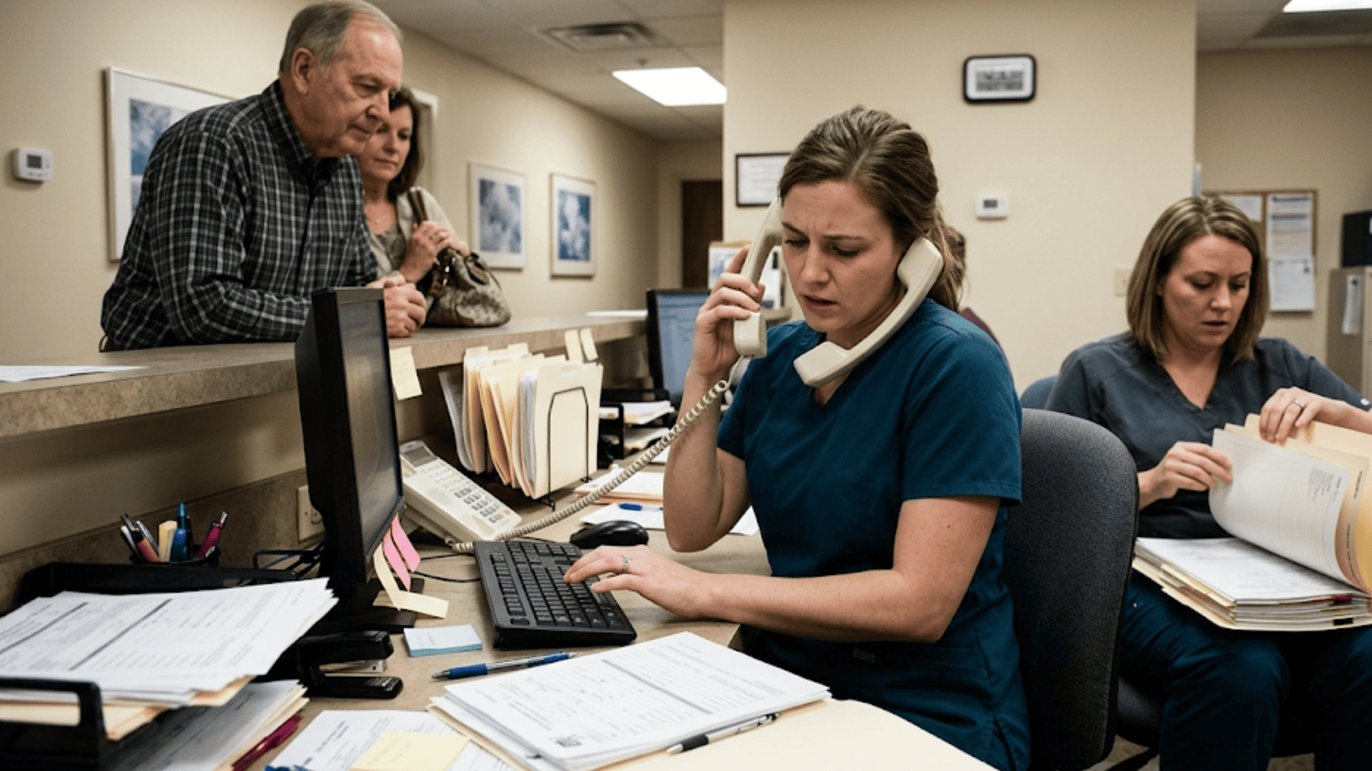 Busy medical receptionist juggling phone calls and paper forms during patient check-in