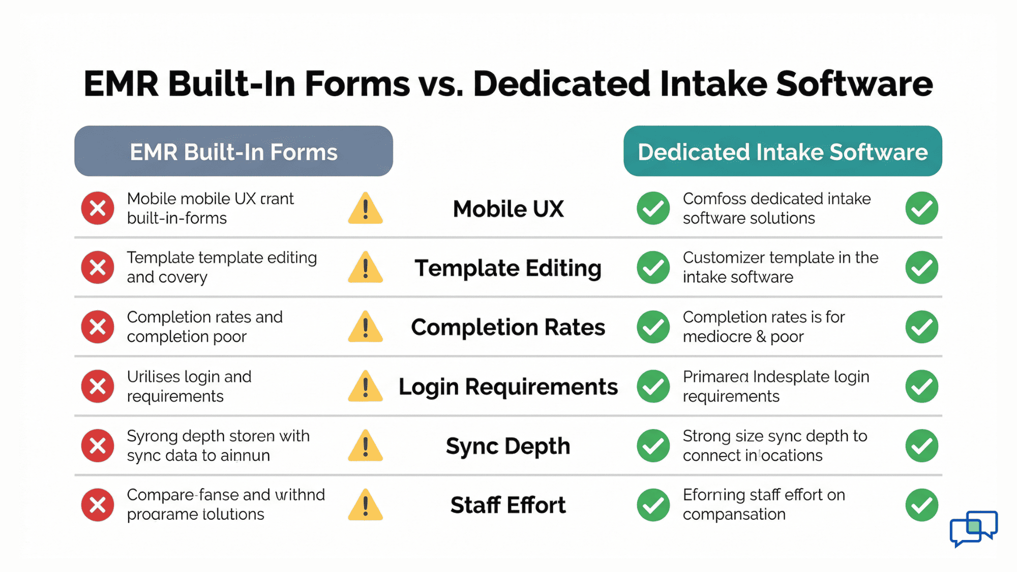 Comparison chart showing EMR built-in forms versus dedicated patient intake software across six key features with check and X icons