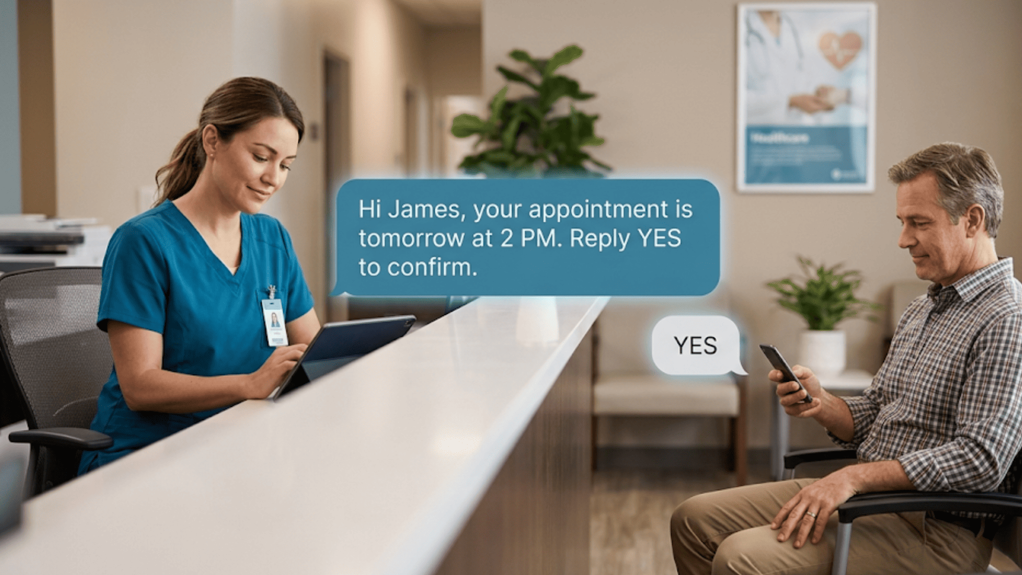 Two-way patient texting in action between clinic staff and a patient in the waiting room using automated text reminders