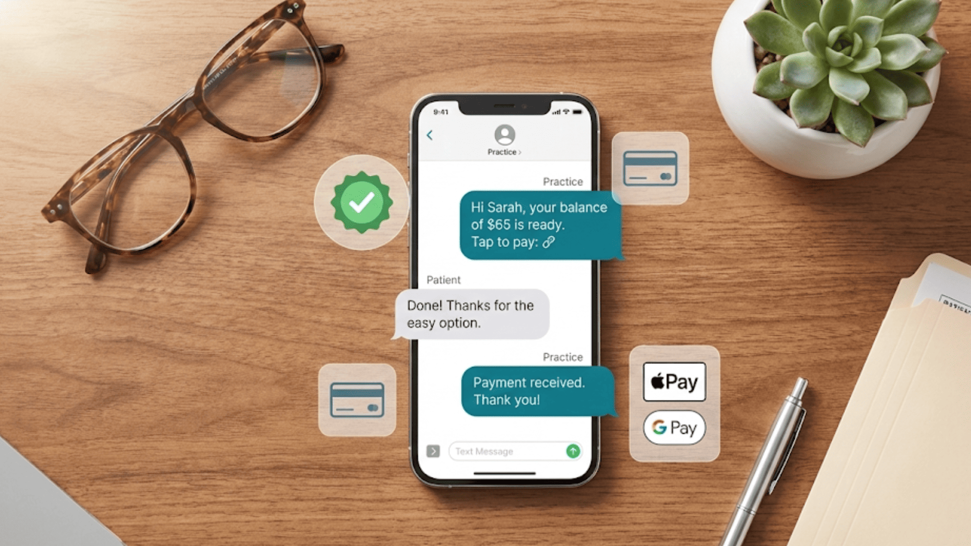 Smartphone showing text-to-pay conversation between medical practice and patient