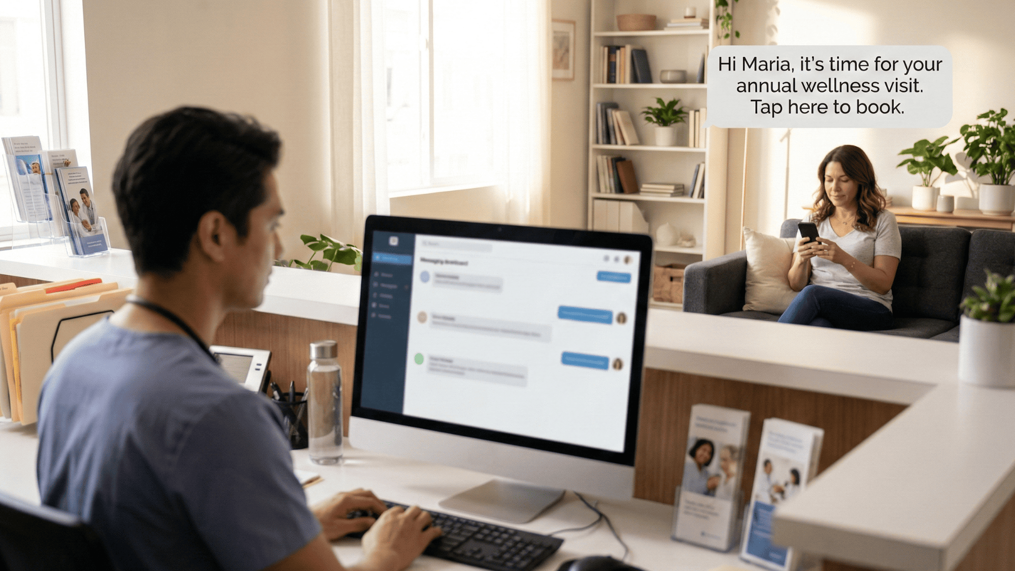 Healthcare staff sending a recall text through Curogram while a patient books her wellness visit from her phone