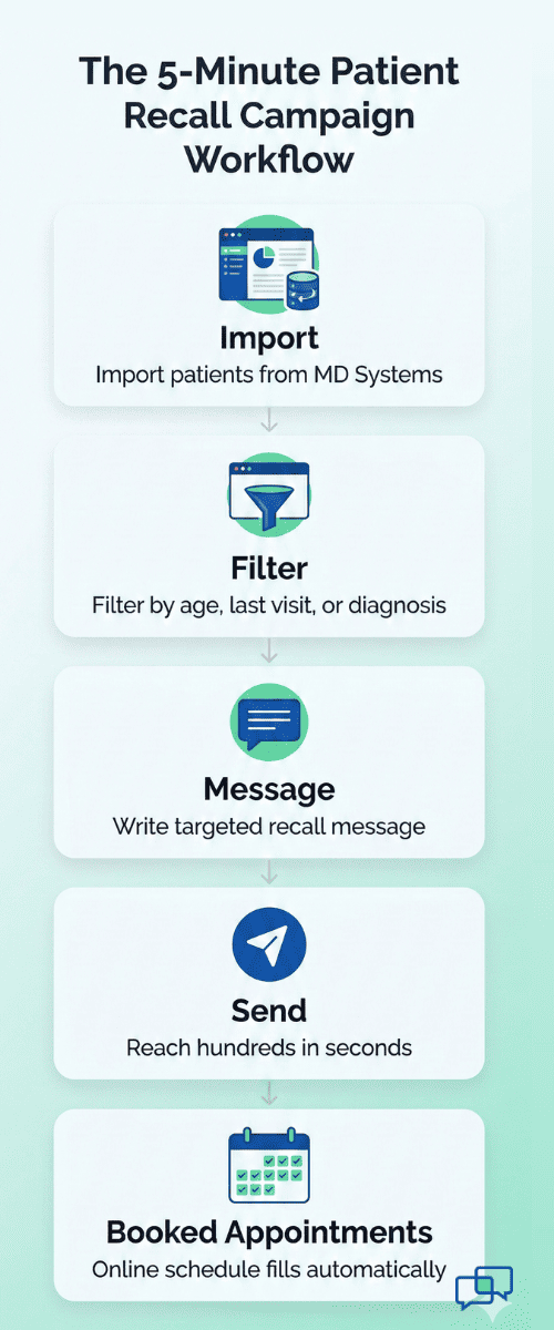 Five-step patient recall campaign workflow infographic showing import, filter, message, send, and booked appointments