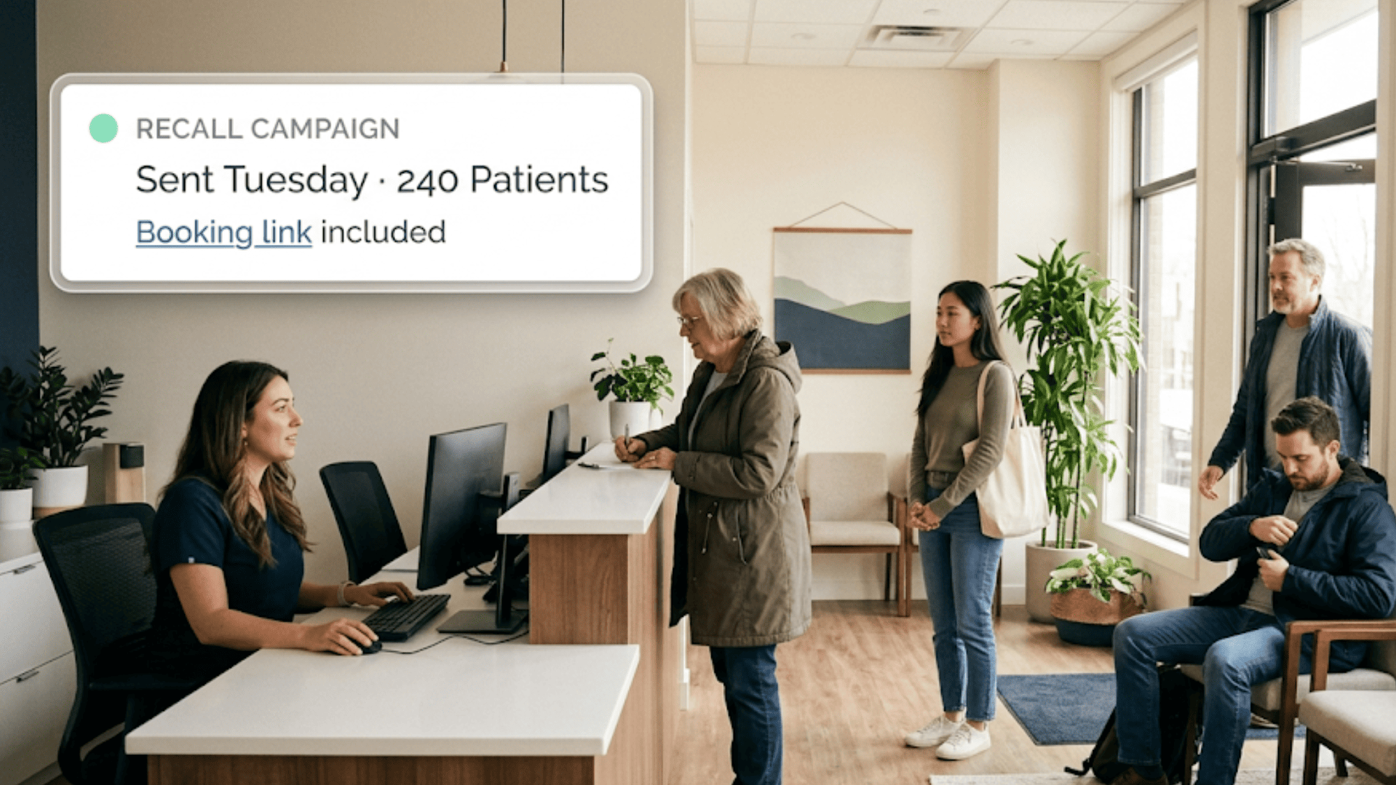 Clinic waiting room filling with patients recalled by SMS campaign