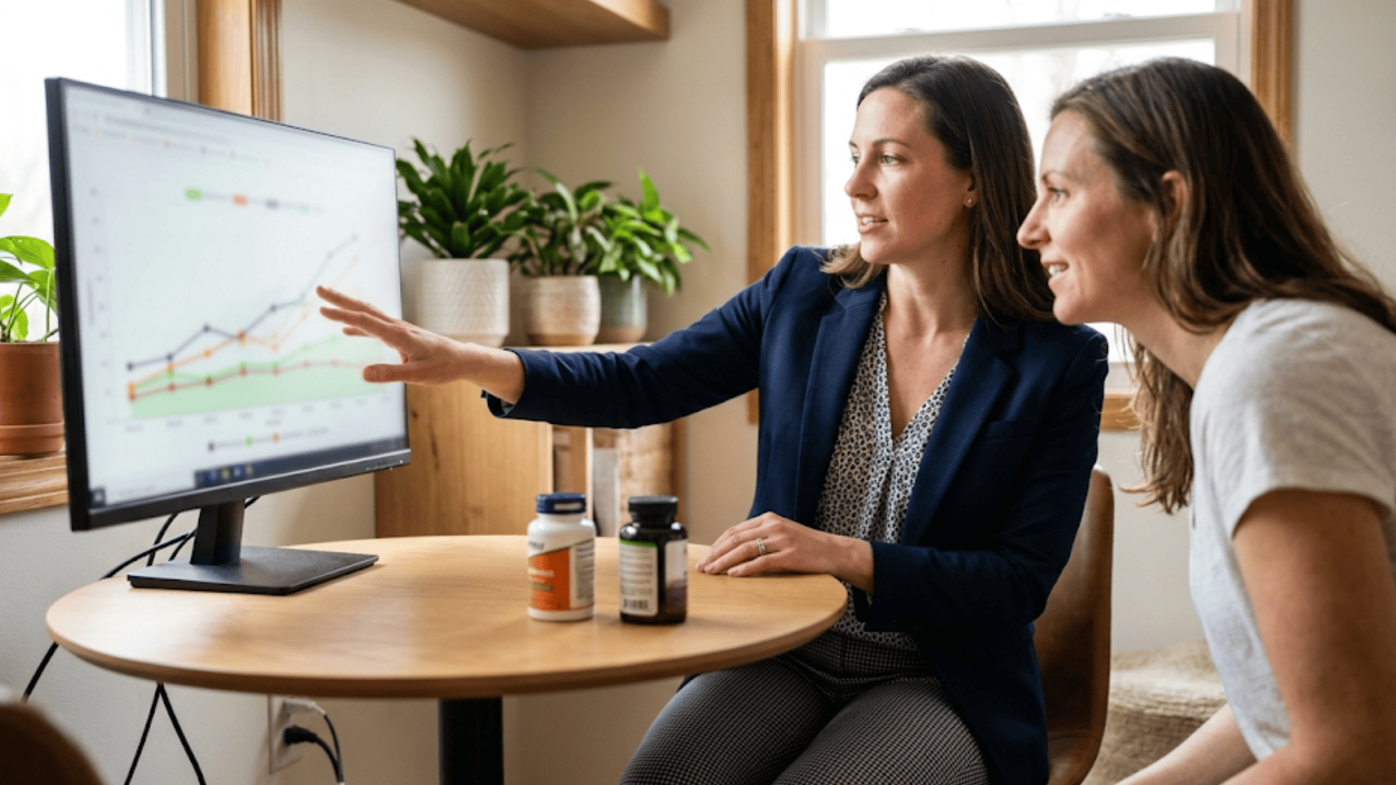 Integrative medicine provider reviewing improving lab trends