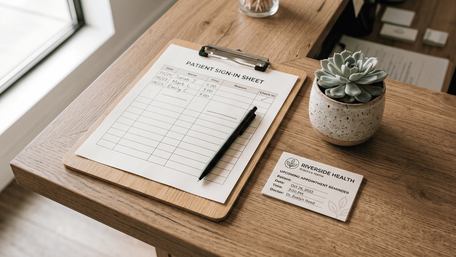 Front desk check-in station with a patient sign-in sheet and pen