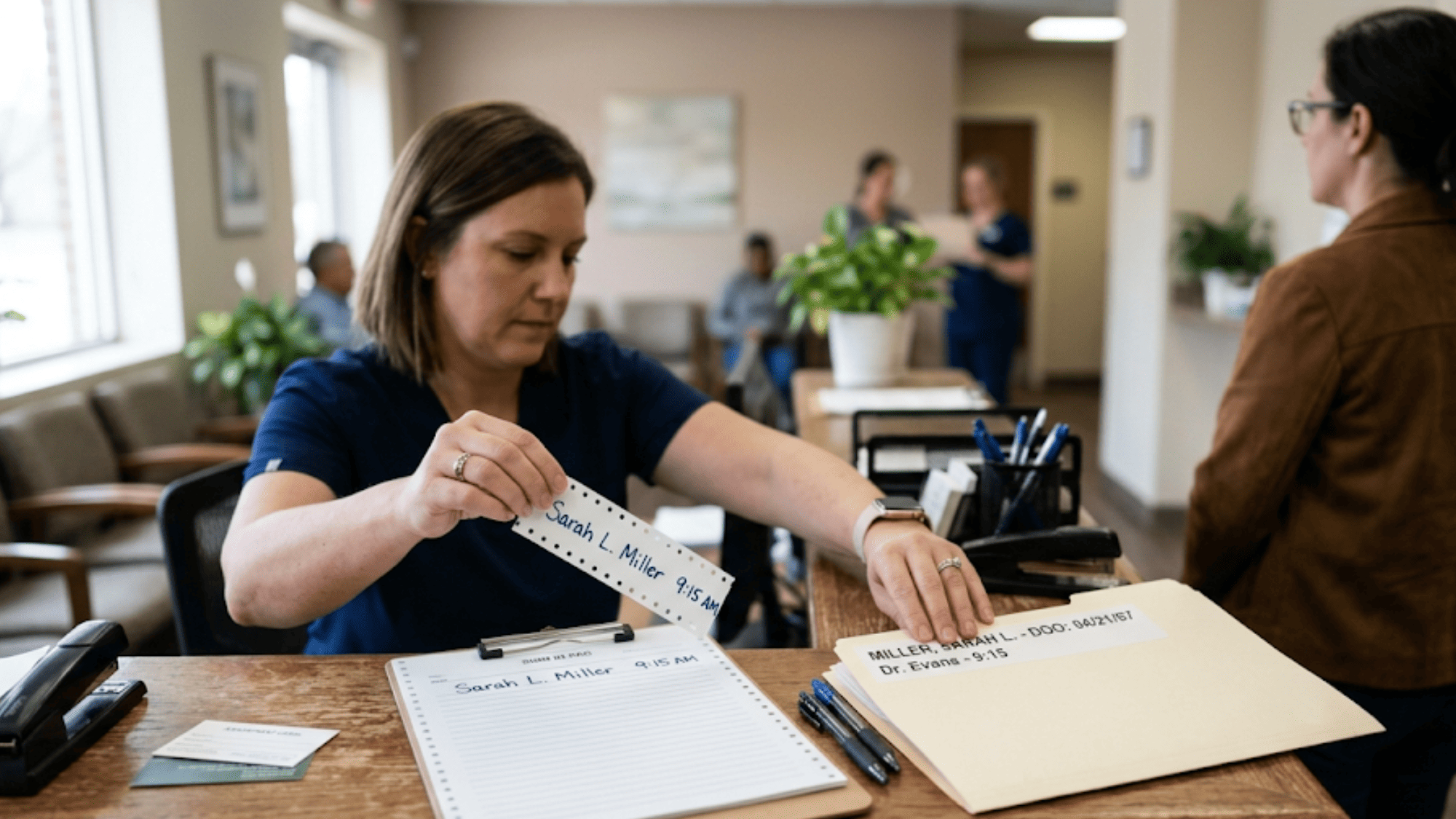 Receptionist tearing a single name strip off a HIPAA compliant tear-off sign-in sheet to file with a patient's chart