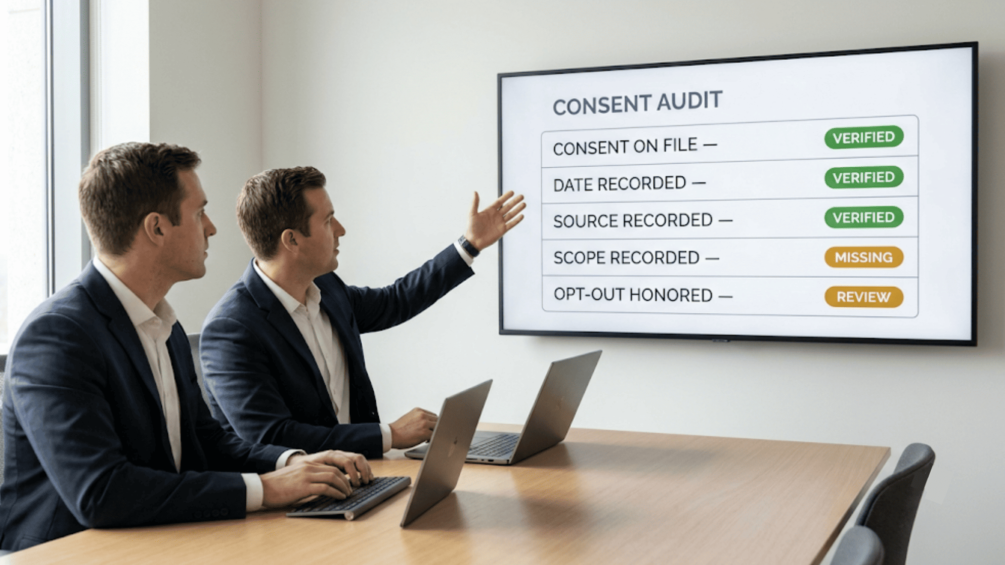 Two auditors examining a digital consent audit screen during a HIPAA and TCPA compliance review