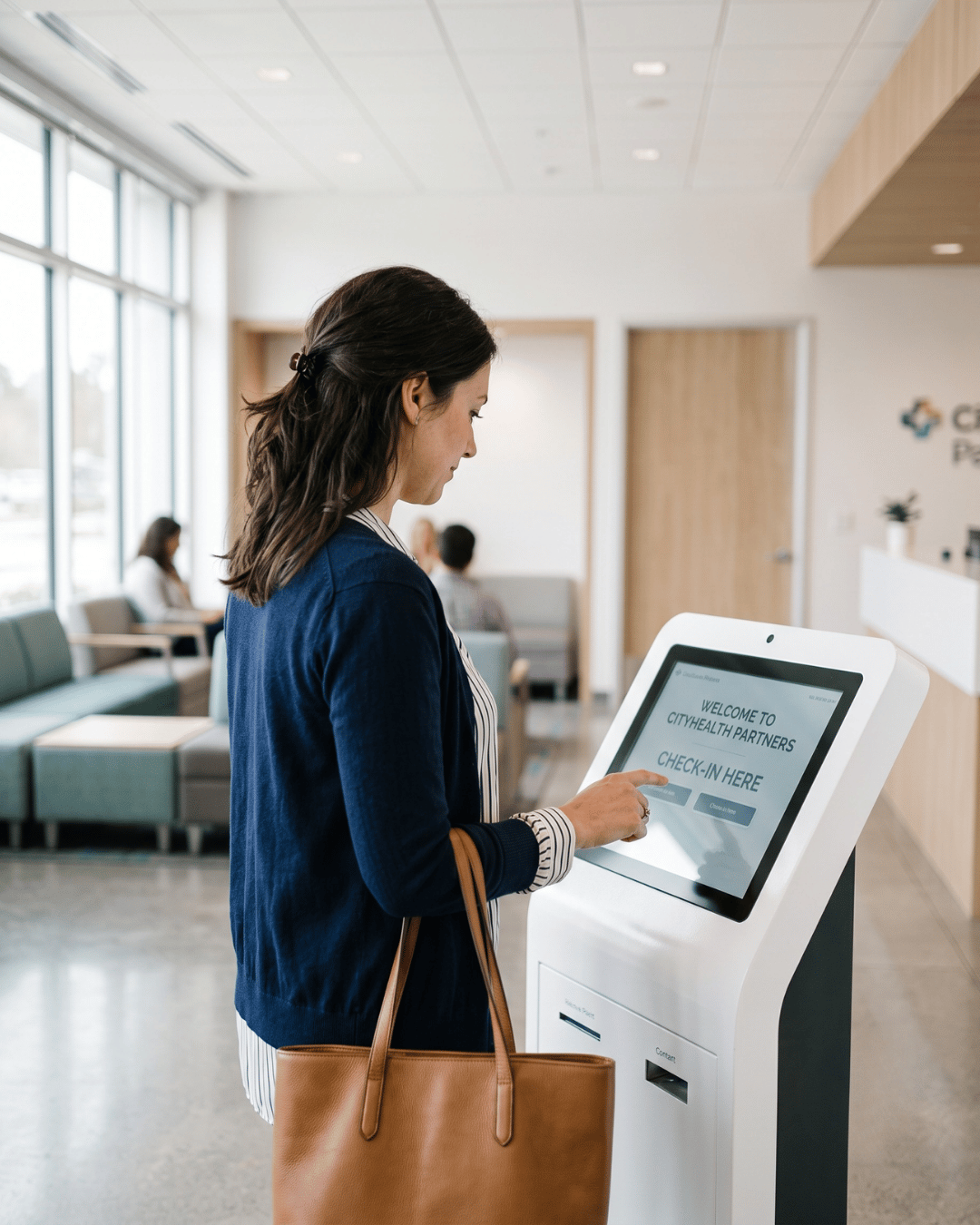 Patient using a self-service kiosk at a multi-location medical clinic