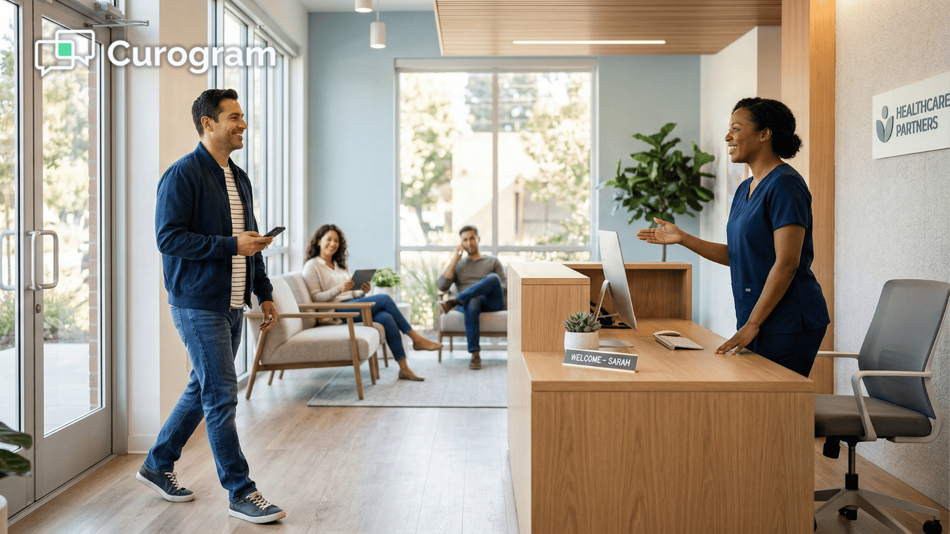 Relaxed patient arriving at modern clinic with no clipboard or paperwork in sight