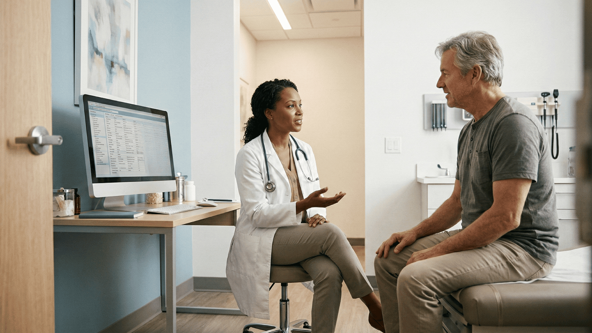 Provider reviewing completed chart while talking with patient during office visit