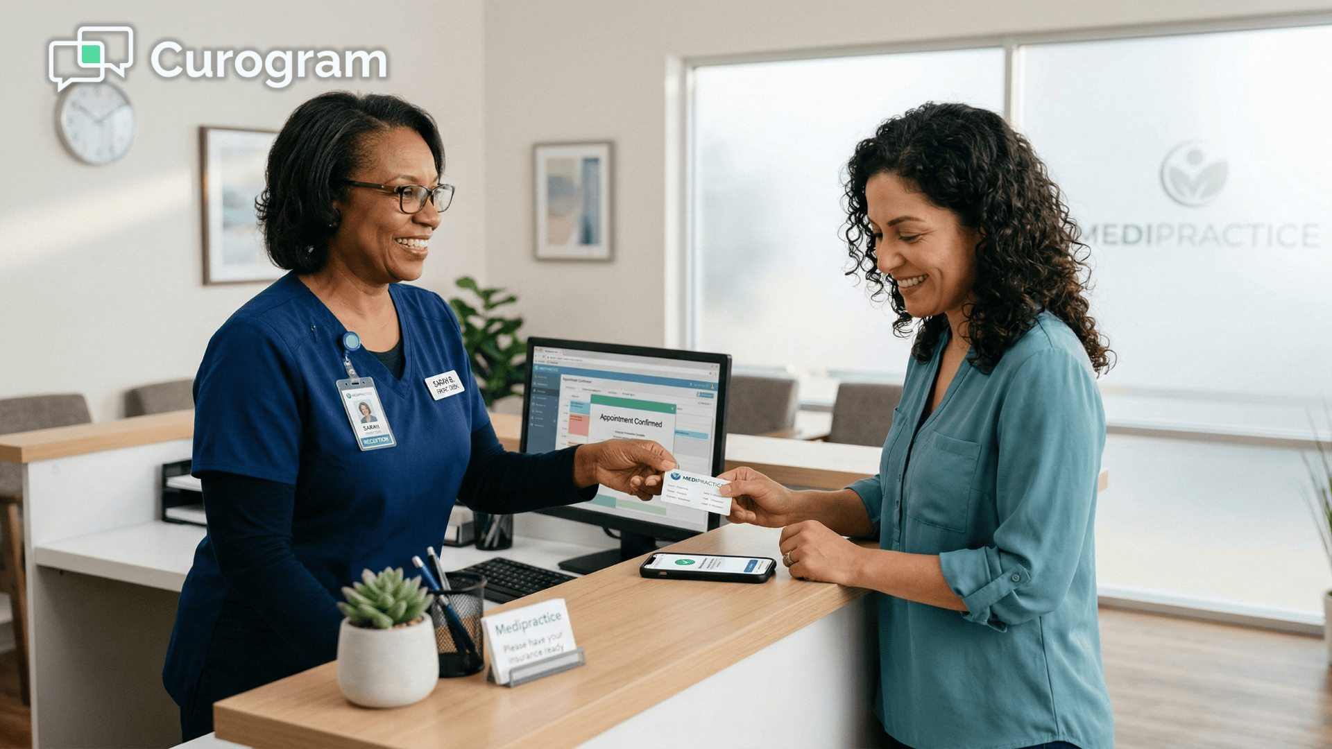 Patient completing a mobile payment at a modern medical practice front desk