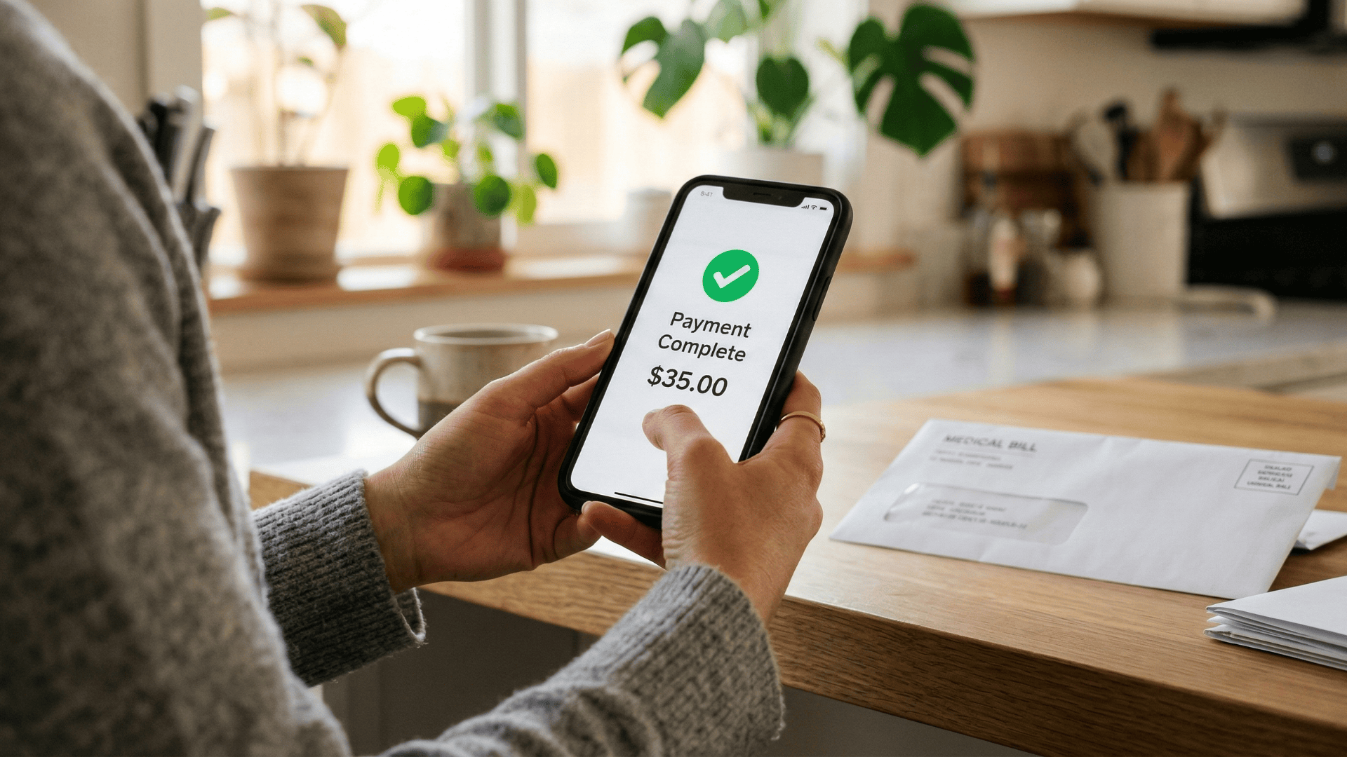 Patient paying a medical bill on their phone while a paper statement sits unopened nearby