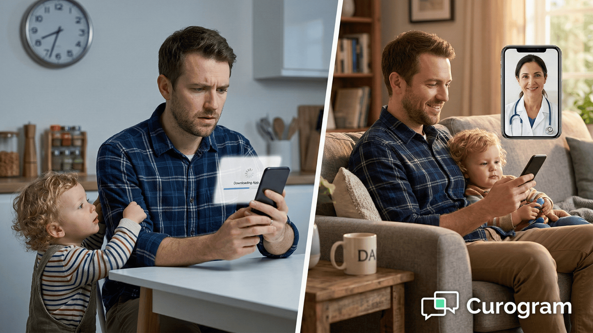 Father frustrated by a telehealth app download versus relaxed on a no-app video visit