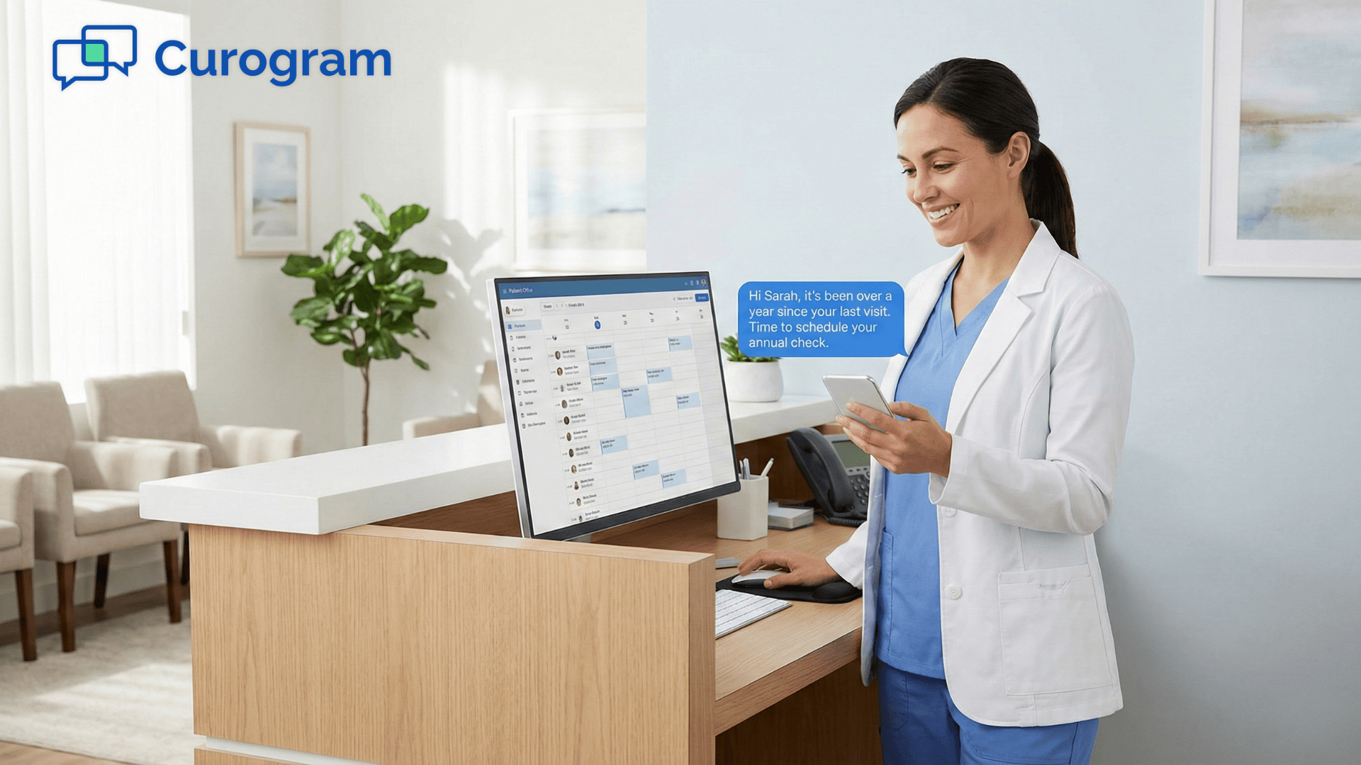 Medical receptionist sending automated patient recall text message from ModMed scheduling system
