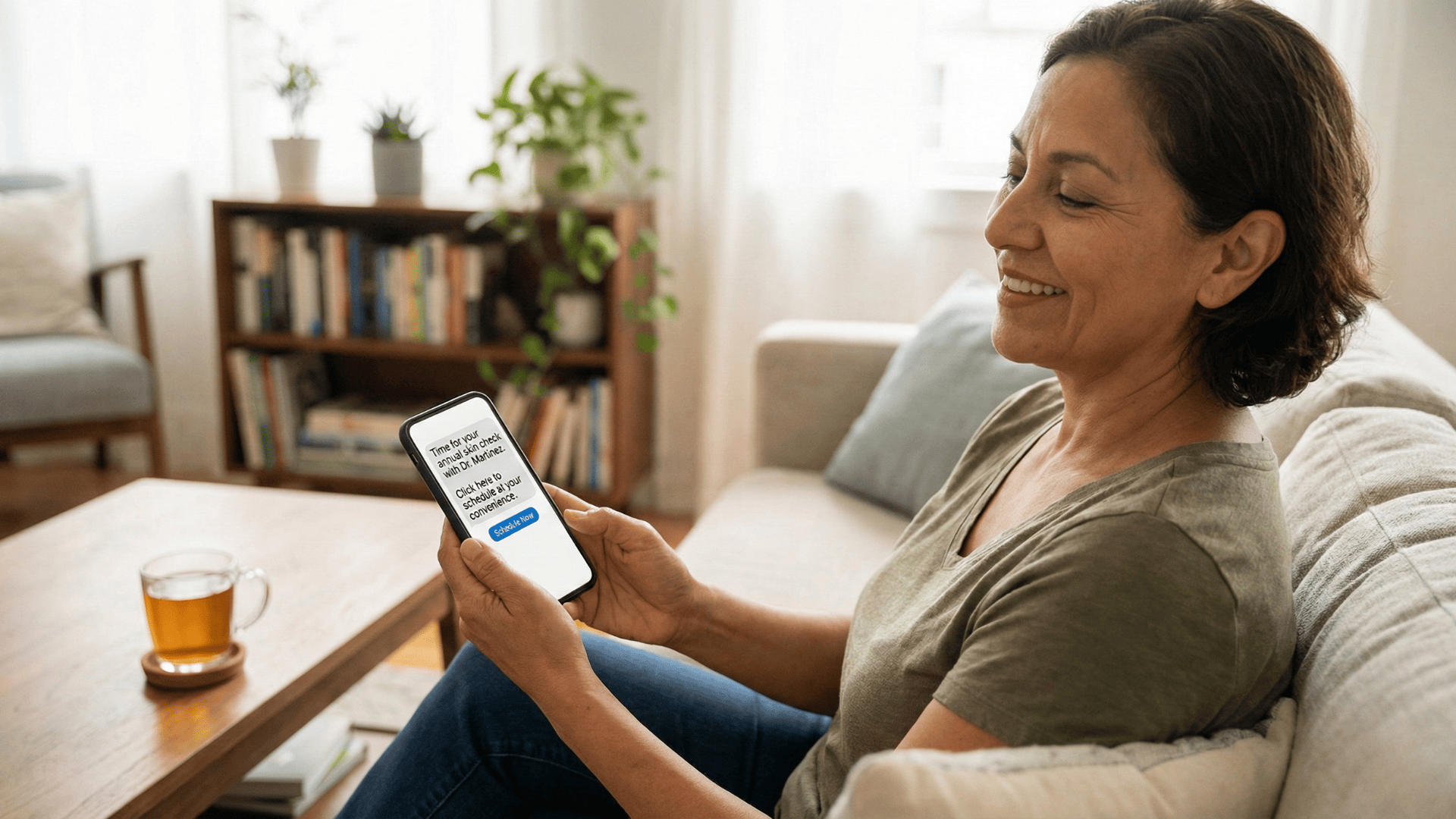 Patient at home reading appointment reminder text message on smartphone from their doctor's office