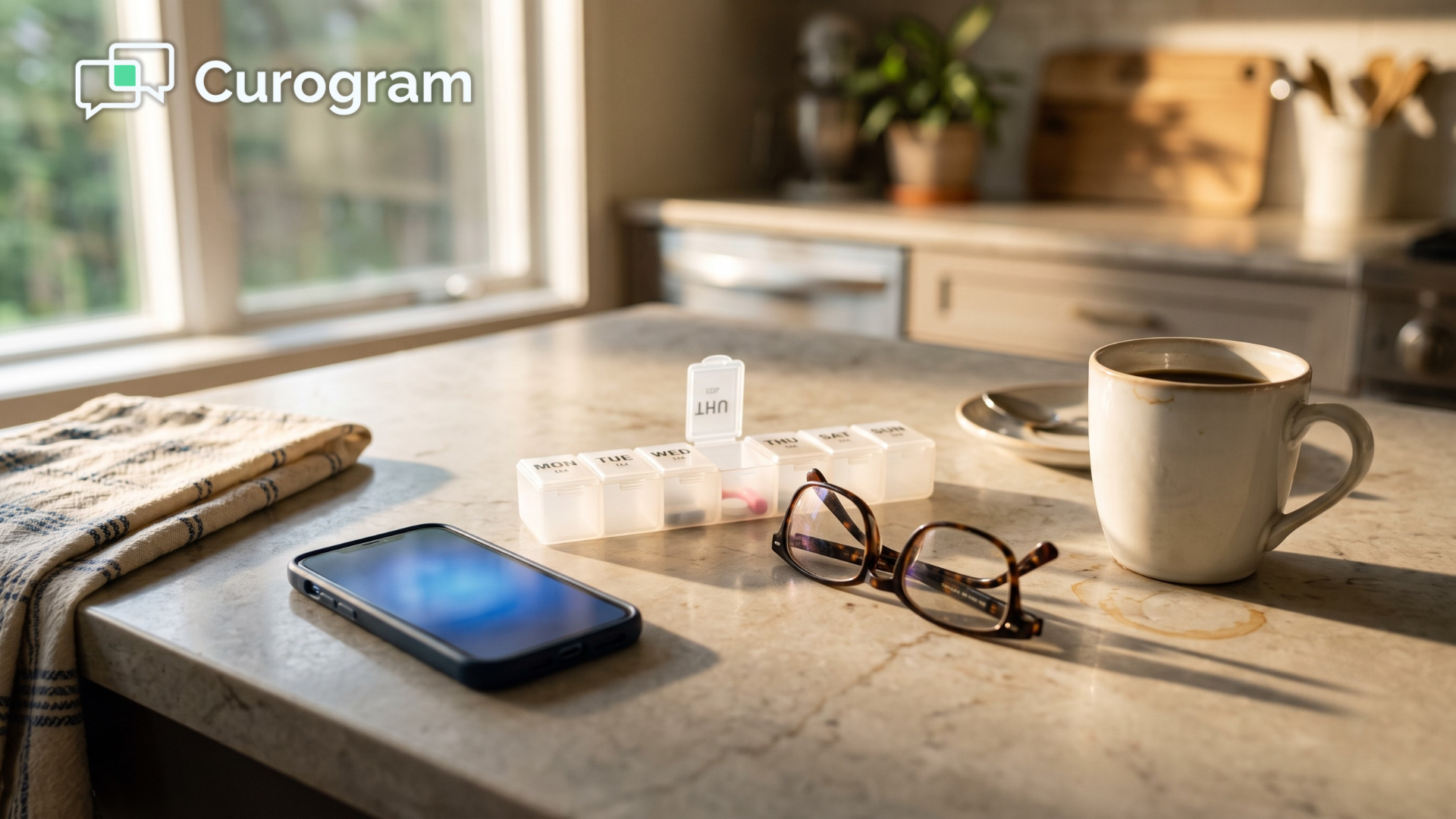 Kitchen counter with pill organizer, glasses and a phone where appointment texts land