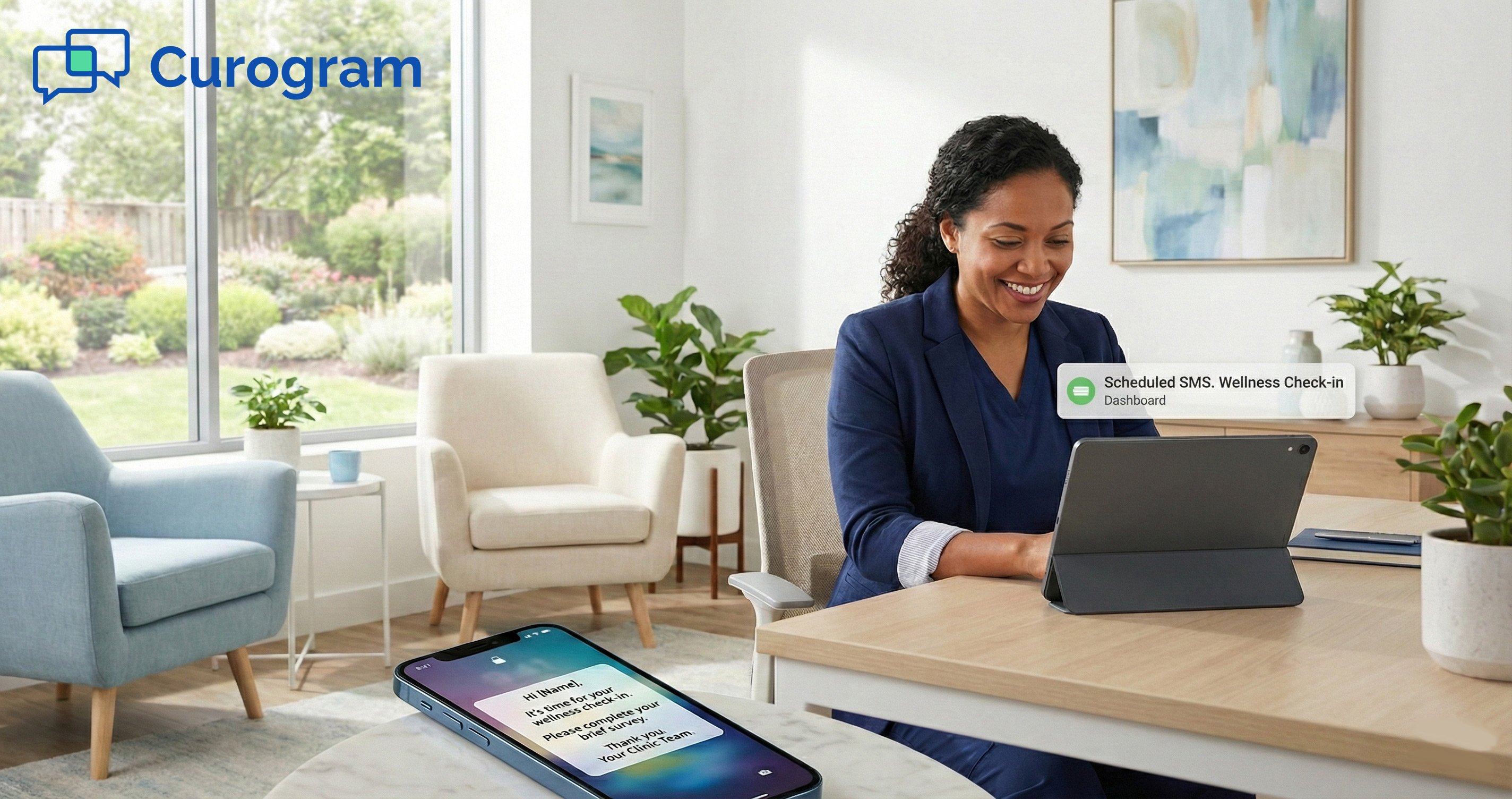 Mental health provider using patient engagement software on a tablet to schedule automated SMS