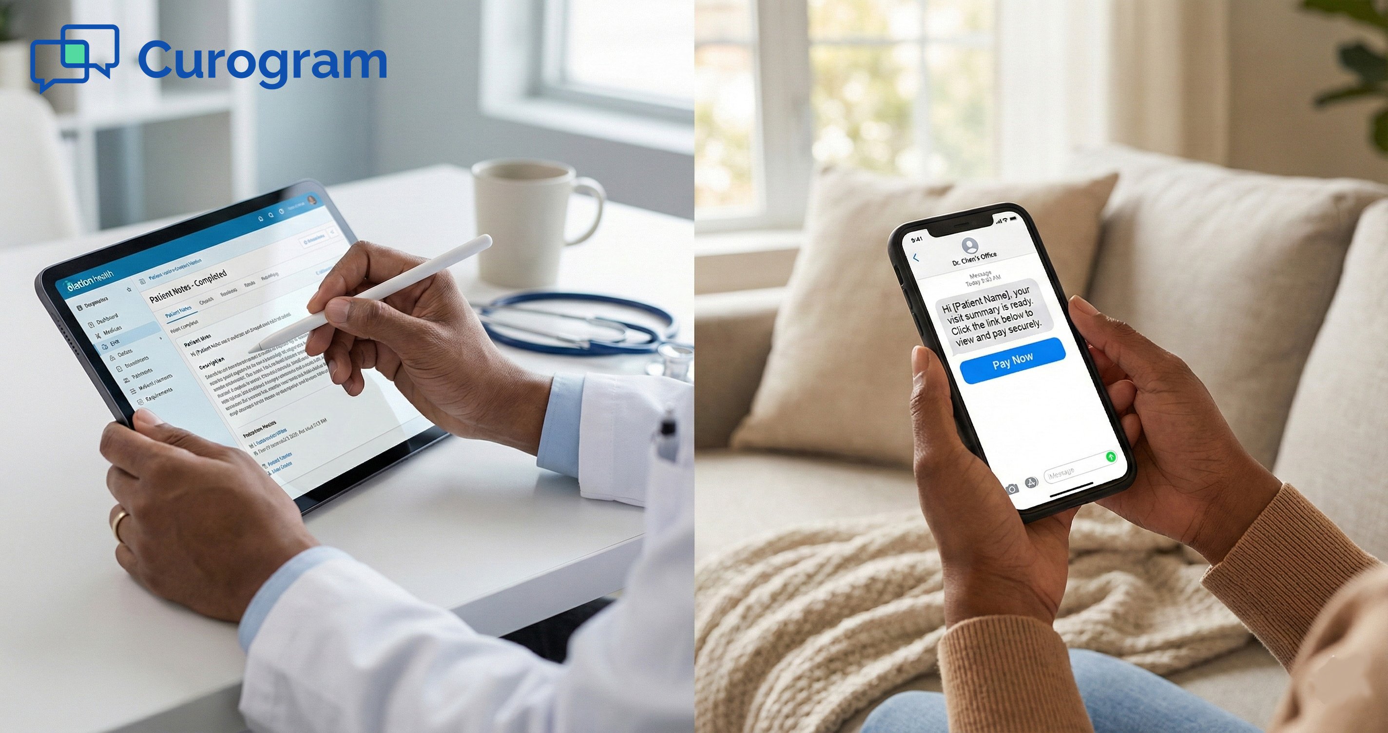 Side-by-side view of doctor EHR workflow and patient receiving a mobile text-to-pay message