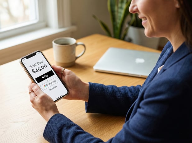 Patient easily paying a medical bill via mobile wallet options on a smartphone at home