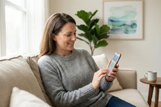 Patient comfortably paying a medical bill via text-to-pay on a smartphone at home