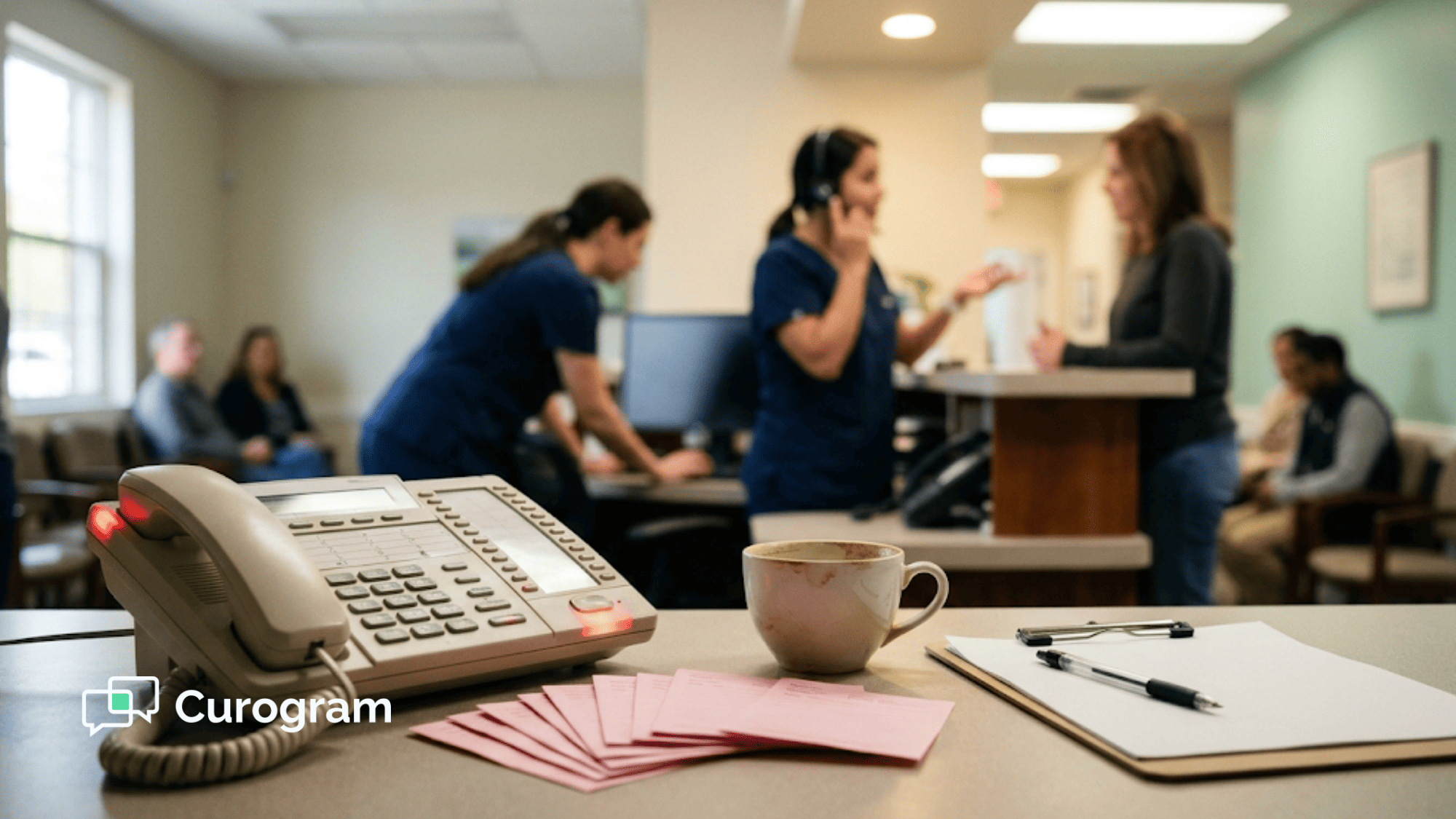 A desk phone glows with a red voicemail light beside blank message slips as front desk staff check in a patient behind it