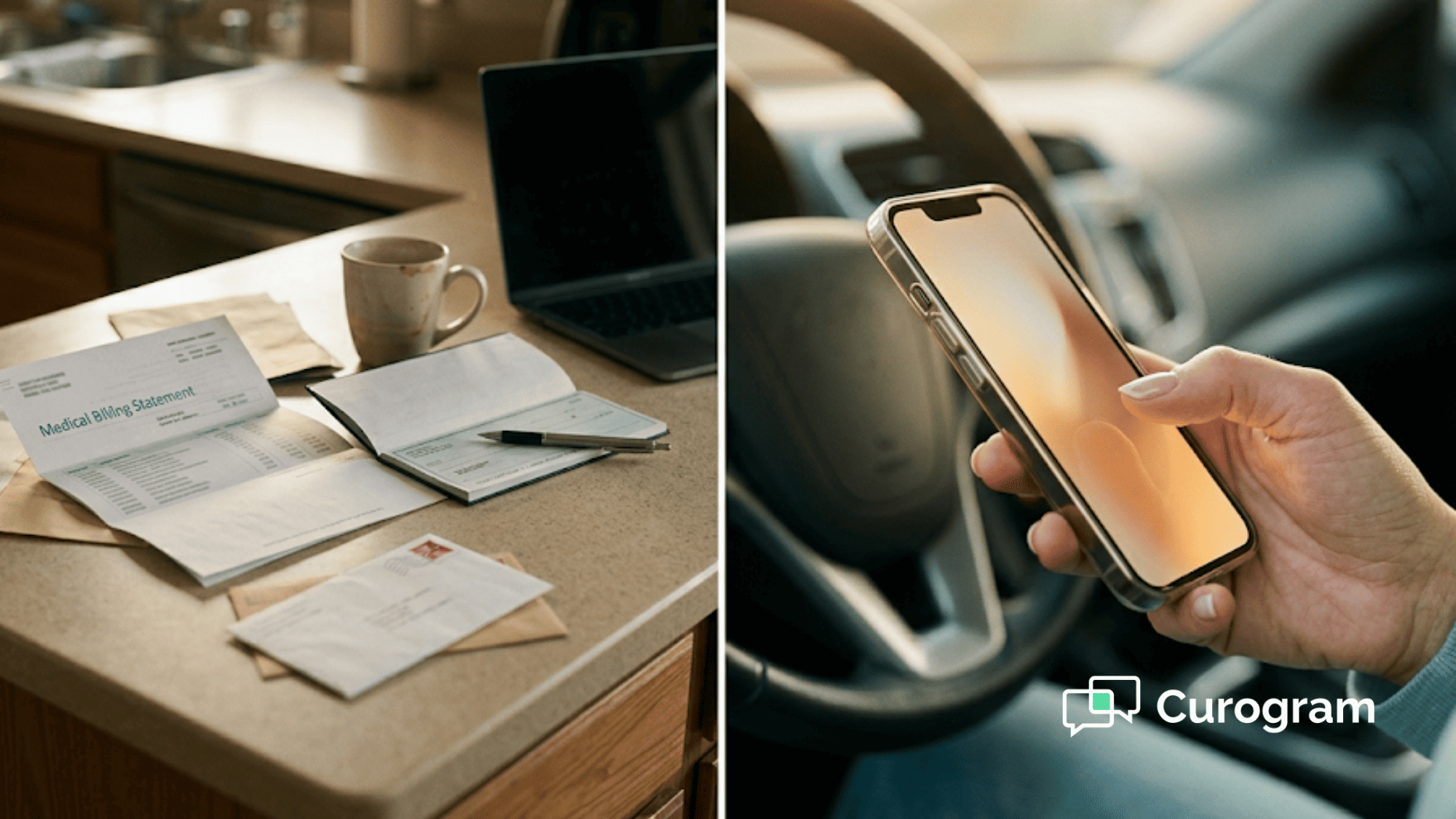 Split image of a cluttered kitchen counter with unpaid bills beside a parent tapping a payment link on her phone at sunset