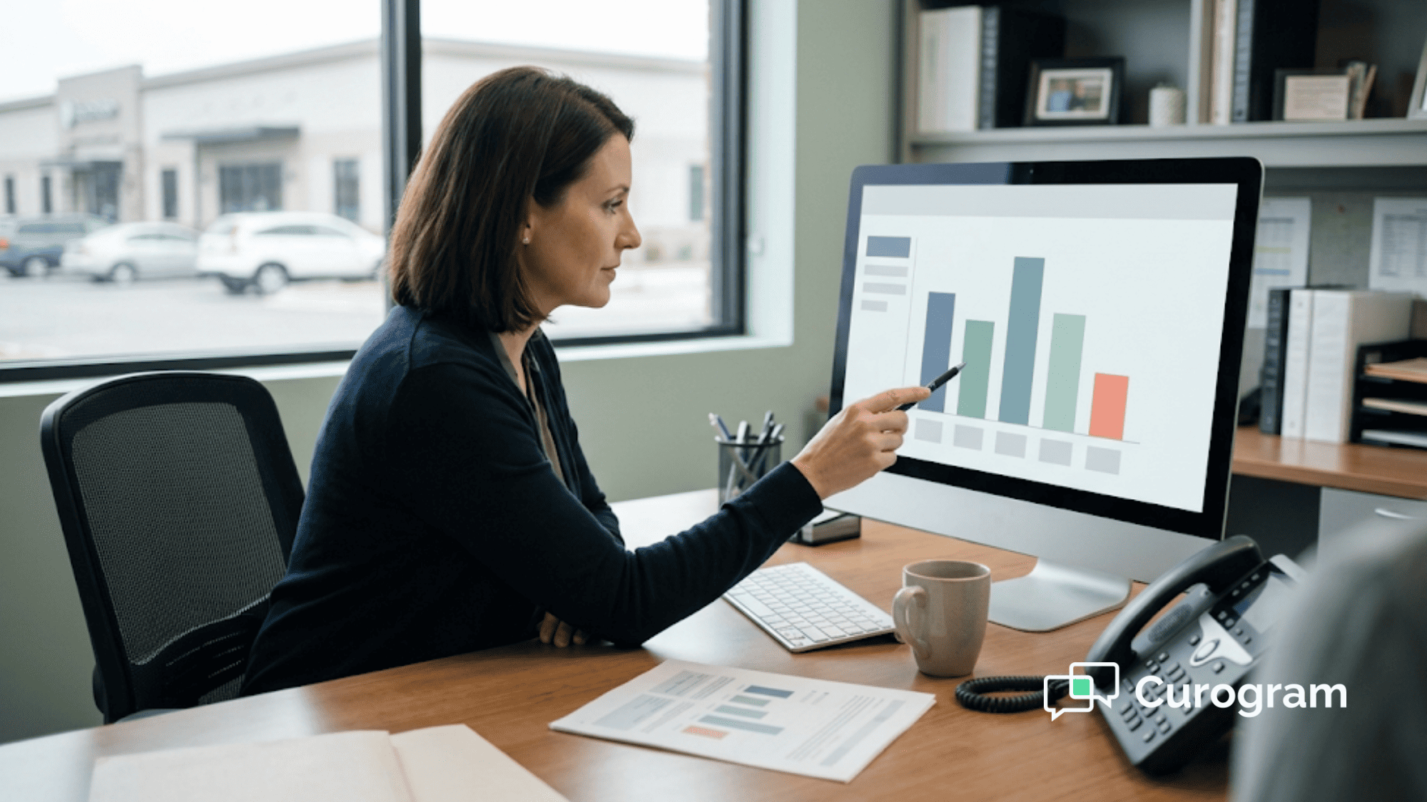 Practice administrator points at a bar chart on her monitor showing one lagging clinic location among five