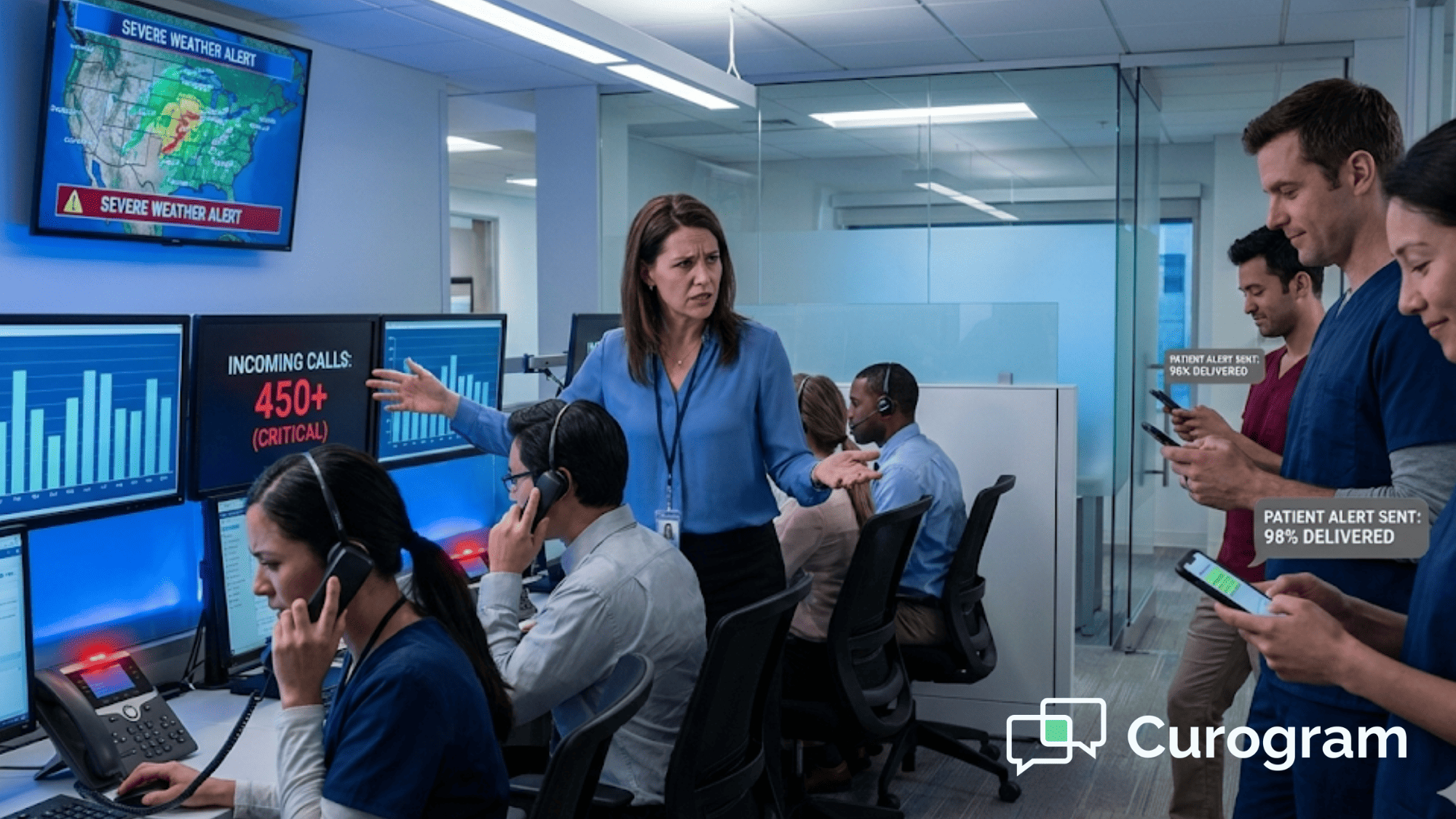 Hospital call center supervisor standing among overwhelmed staff during high call volume crisis