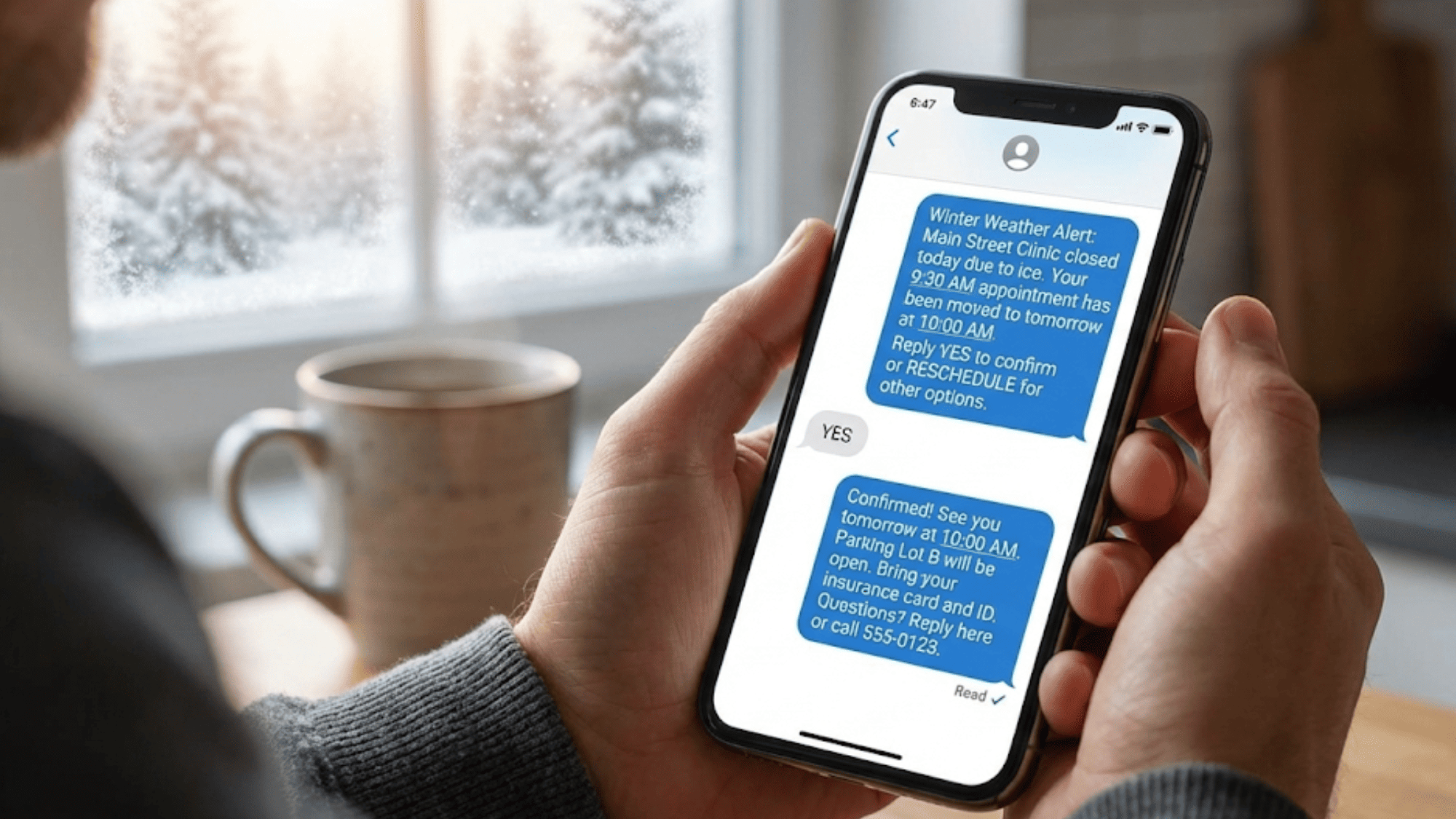 Close-up of phone screen showing automated patient text alert about clinic closure