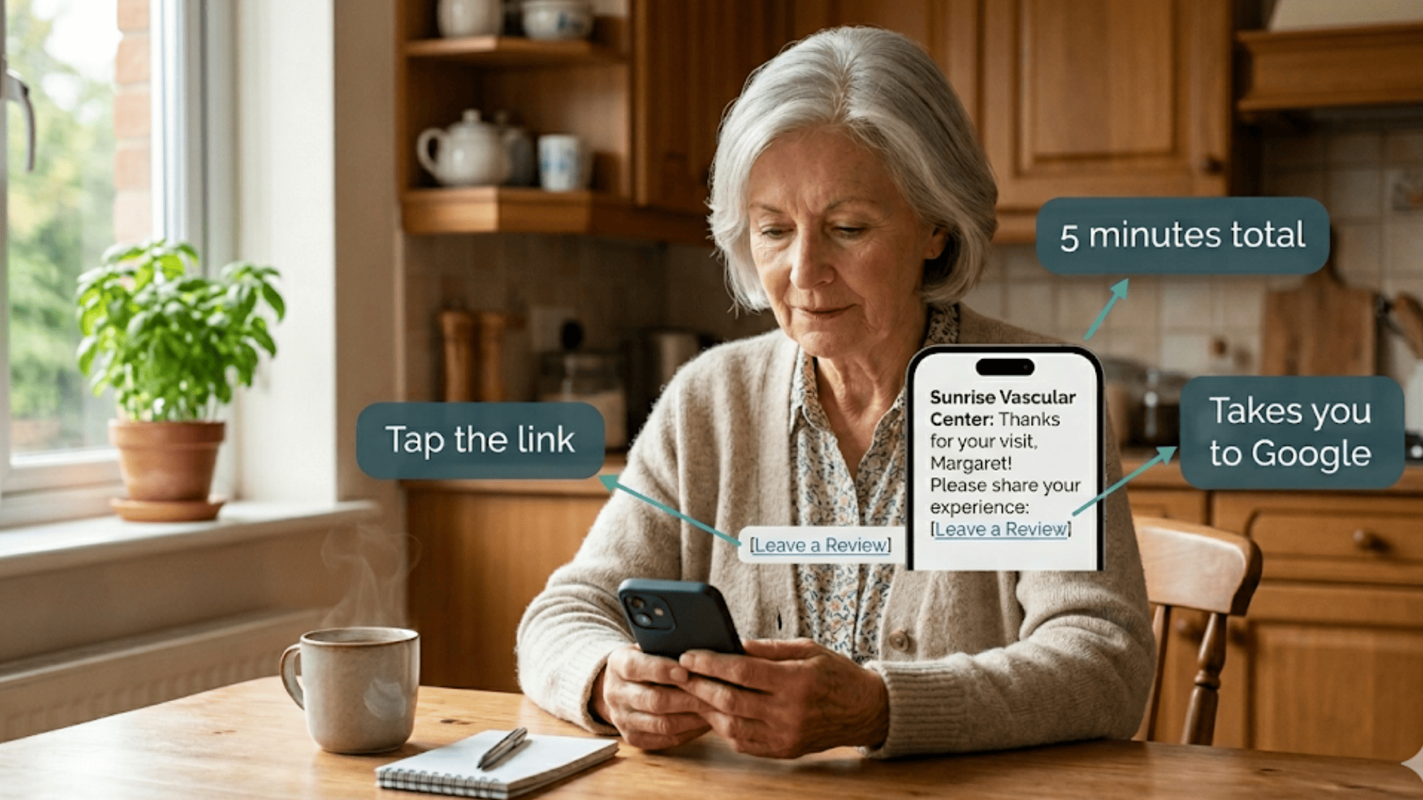 Elderly woman tapping a post-procedure review SMS link from her vascular clinic