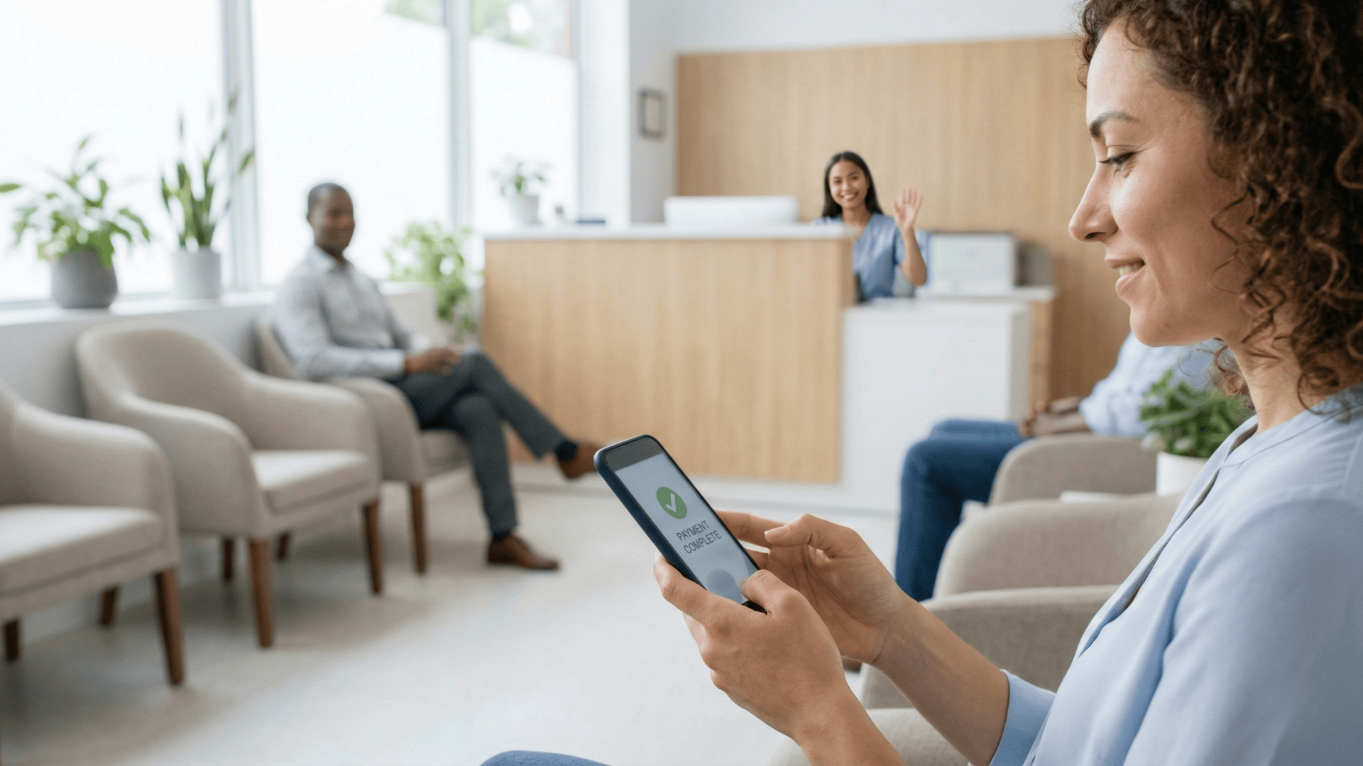 Patient viewing mobile copay payment confirmation on phone in medical office waiting room