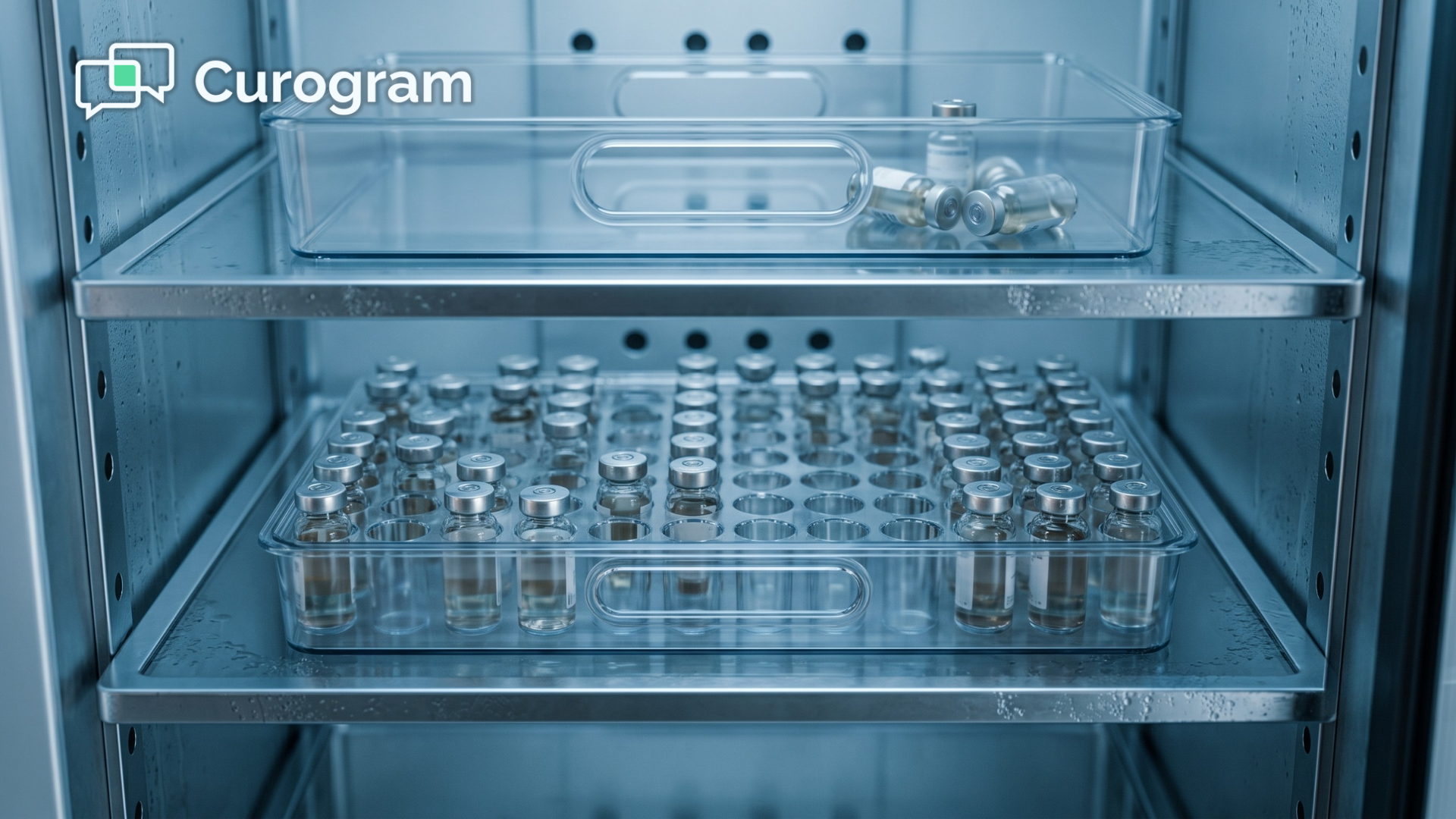 Clinic vaccine fridge with full vial trays and one tray nearly untouched after flu season