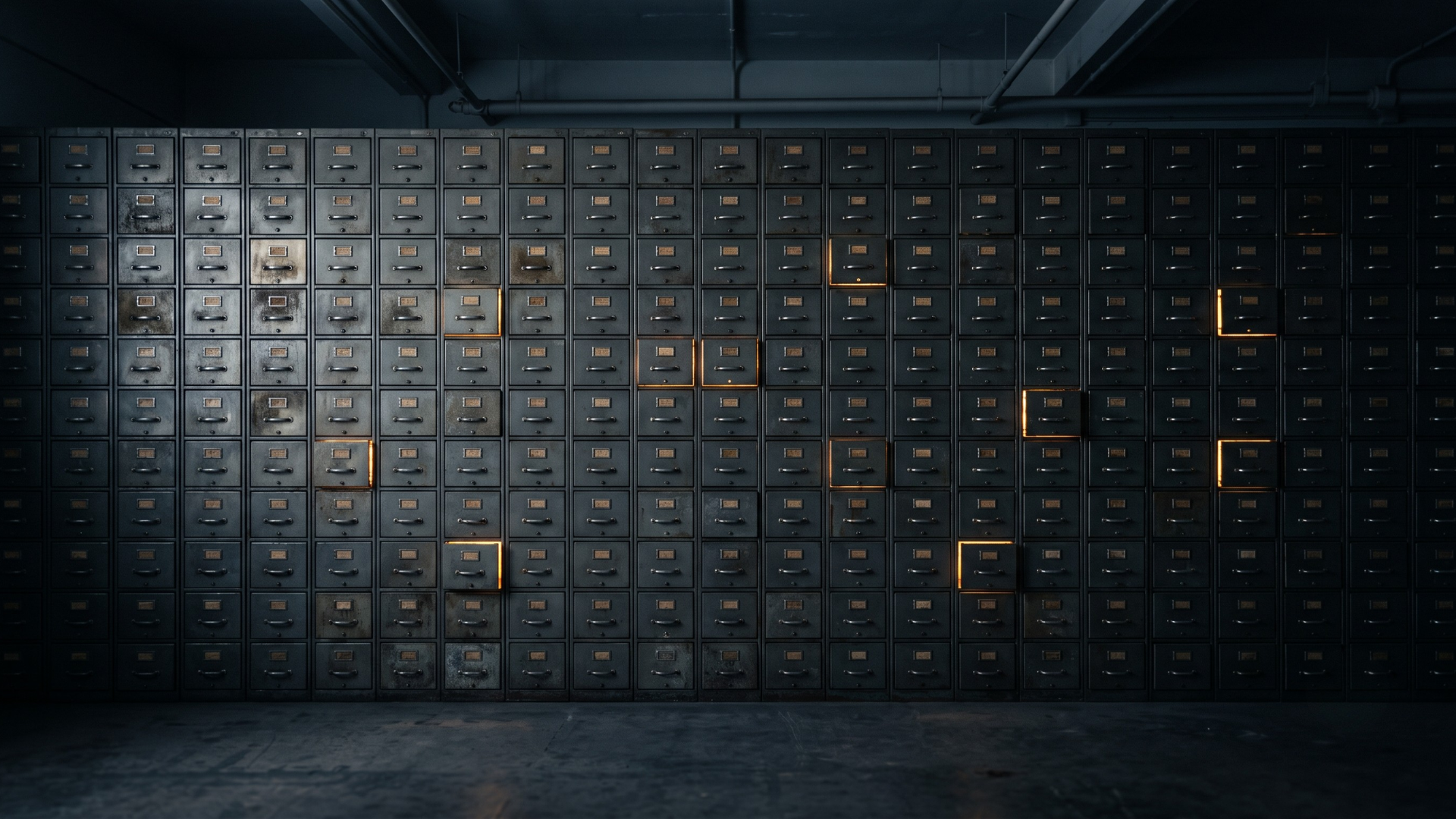 Wall of patient record drawers with a scattered few lit up, showing a dormant patient list