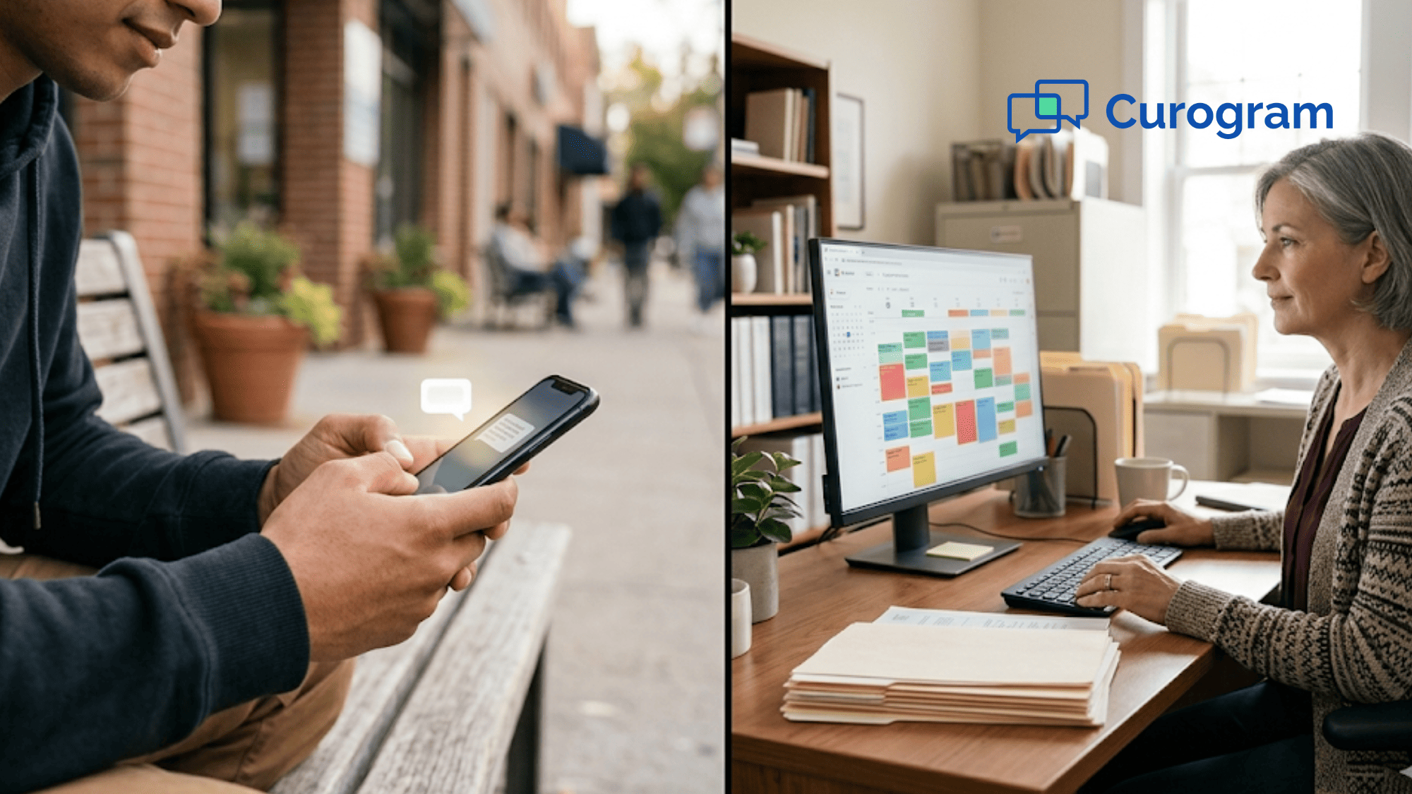 Split view of behavioral health client checking text and agency director reviewing appointment calendar