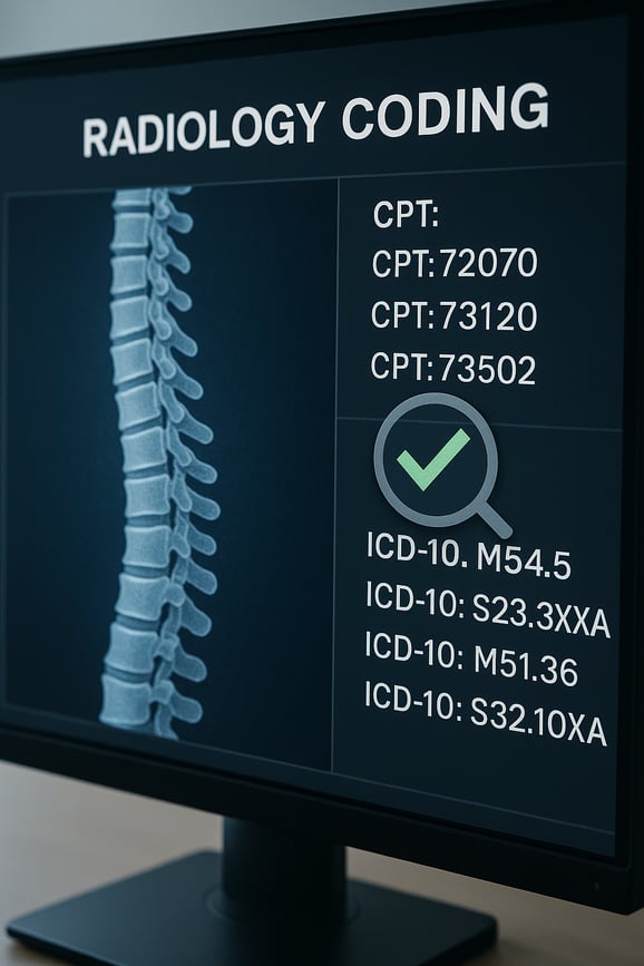 A computer screen displaying accurate **radiology coding** for a spinal procedure, highlighting the importance of CPT codes in radiology billing and coding.
