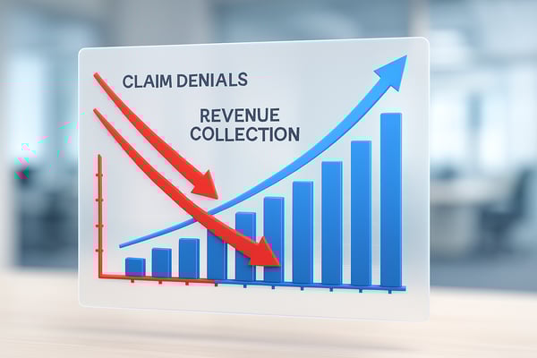 A clear graph showing decreasing claim denials and increasing revenue, illustrating success through effective **radiology billing** analytics and denial management