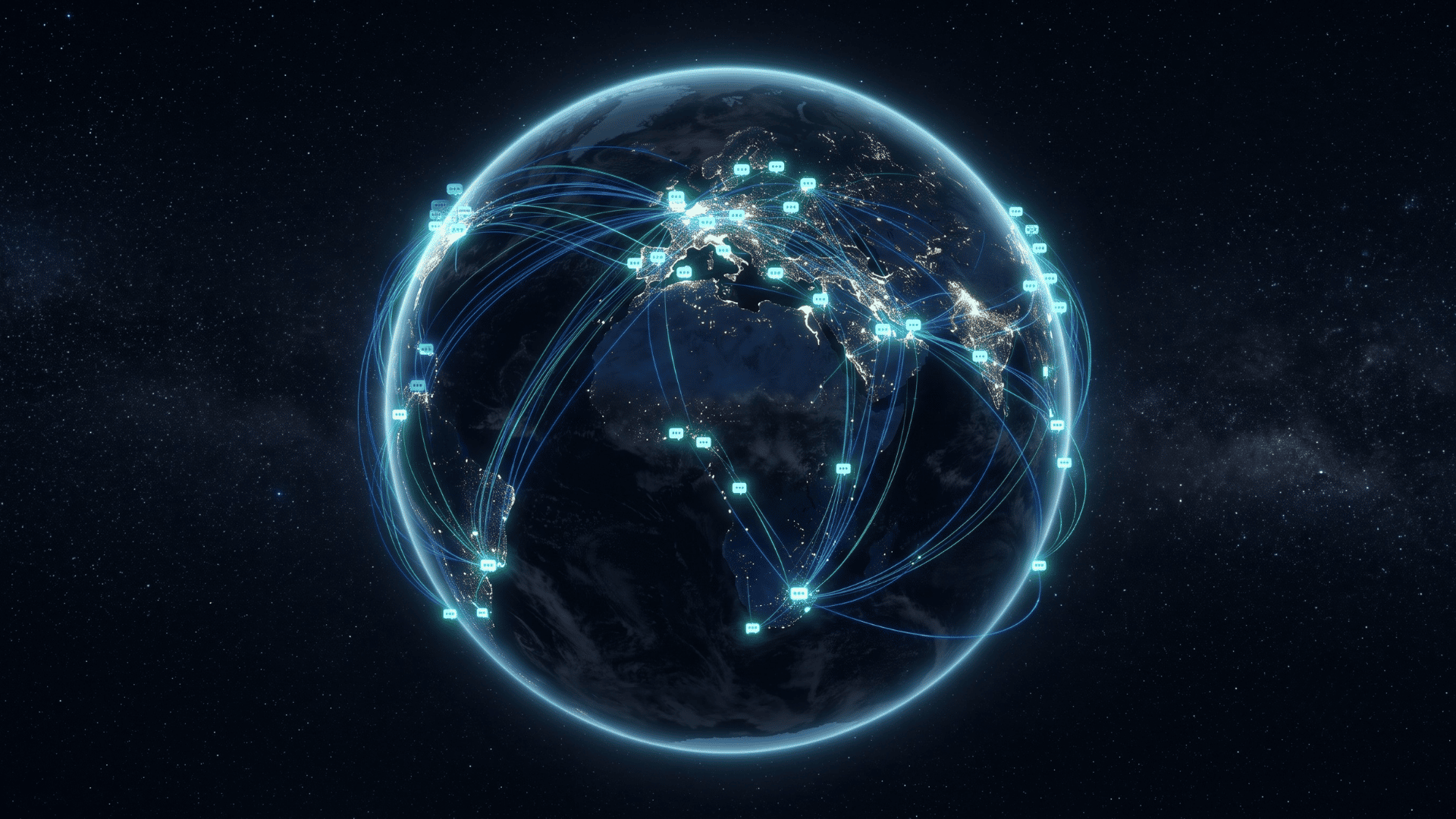Glowing global network of message bubbles showing worldwide RCS messaging adoption