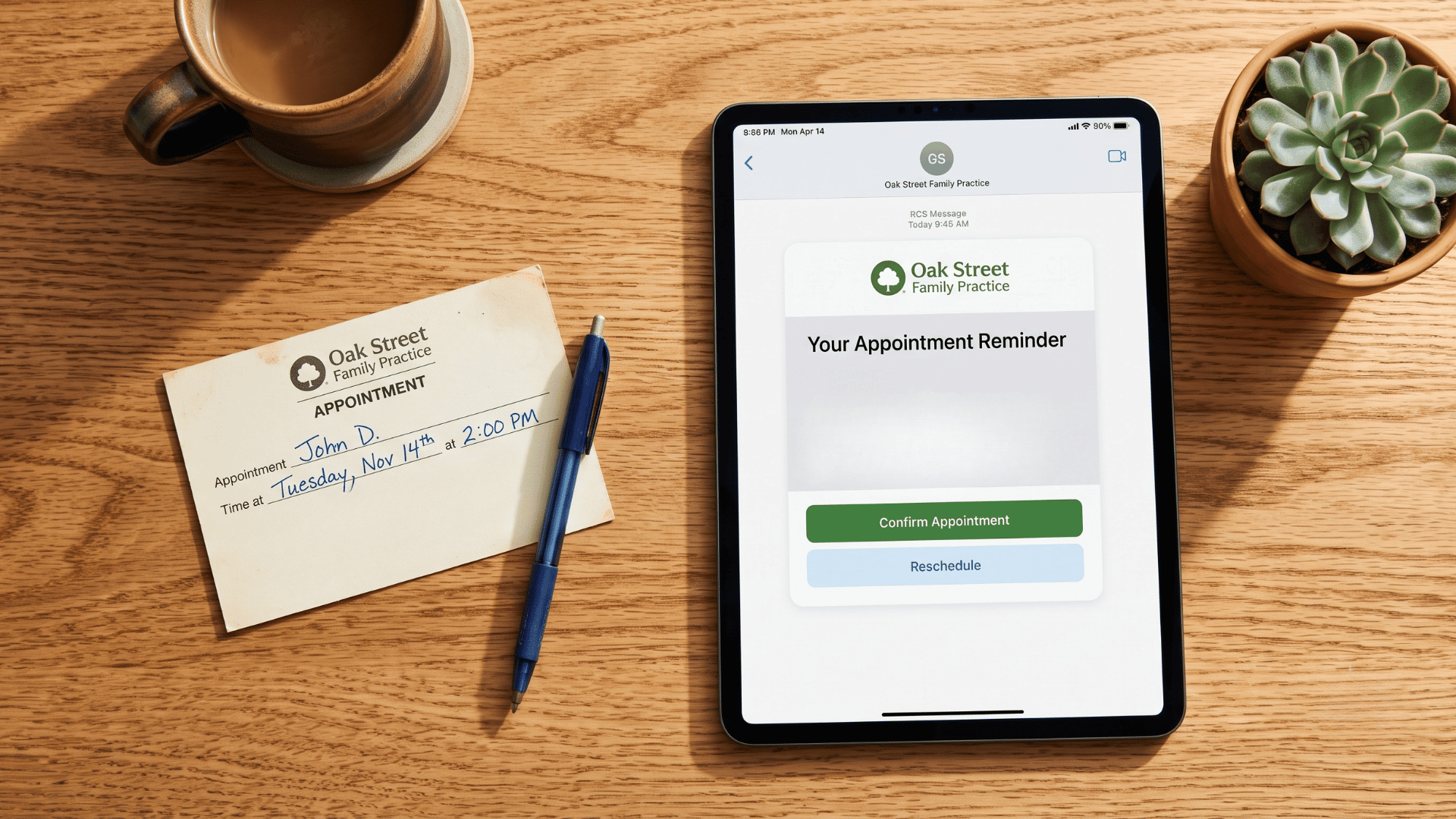 Two phones comparing a plain SMS text and a rich RCS business message