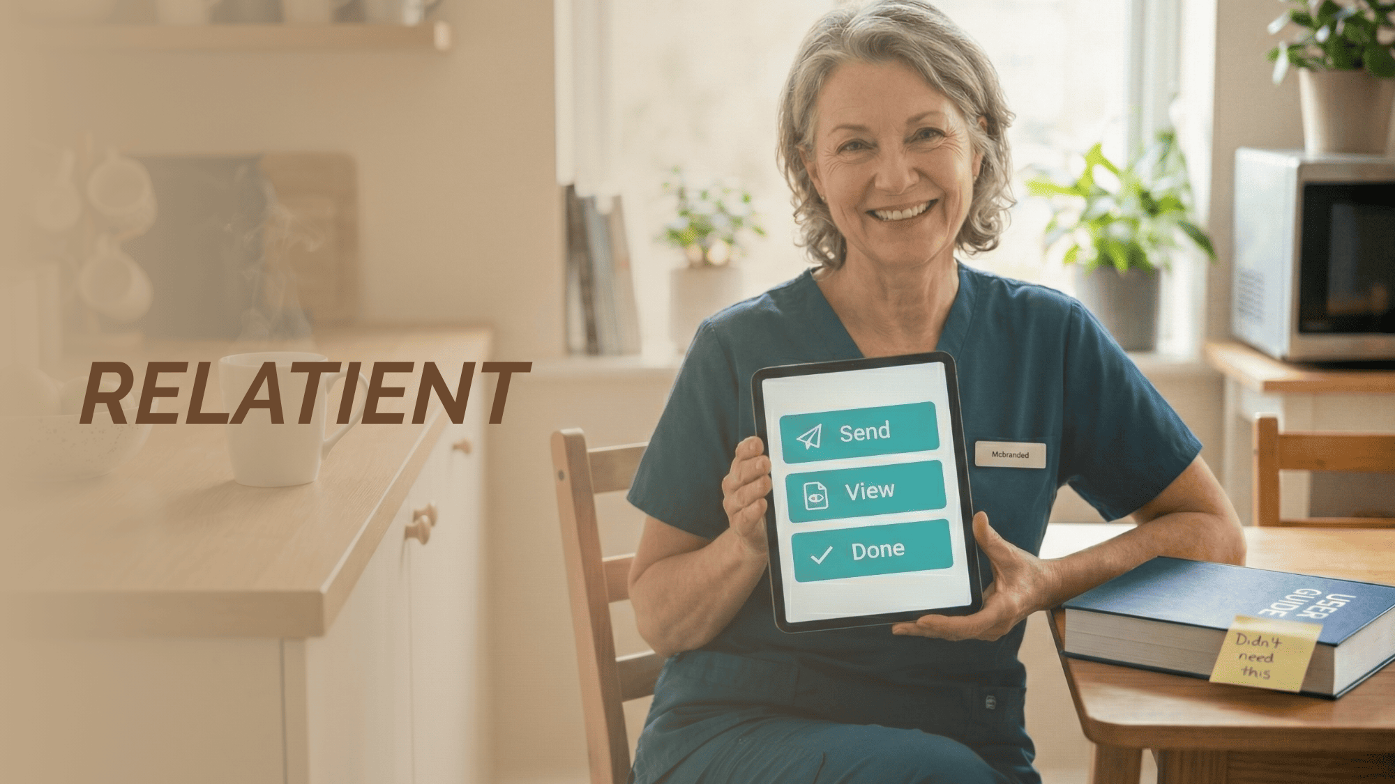 Medical office staff member comfortably using a simple three-button tablet interface without a manual