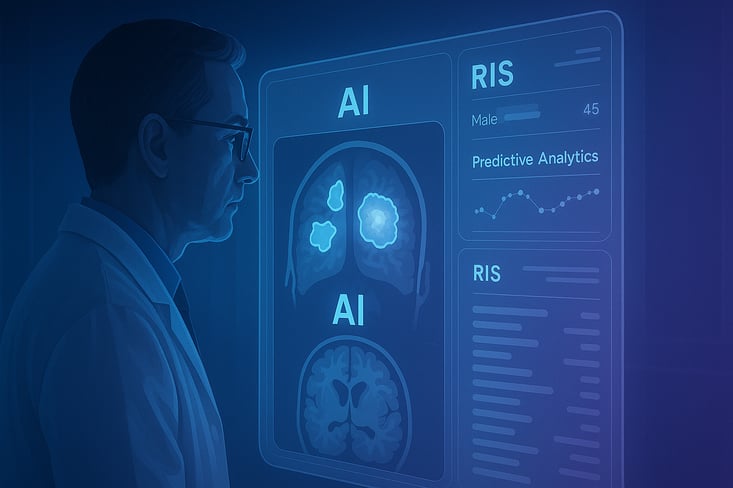 Image depicting the future of RIS with AI and machine learning assisting radiologists in diagnostics and workflow optimization.