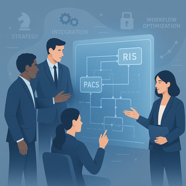 Conceptual image symbolizing the strategic planning, collaboration, and key elements involved in a successful RIS PACS system implementation or upgrade project.