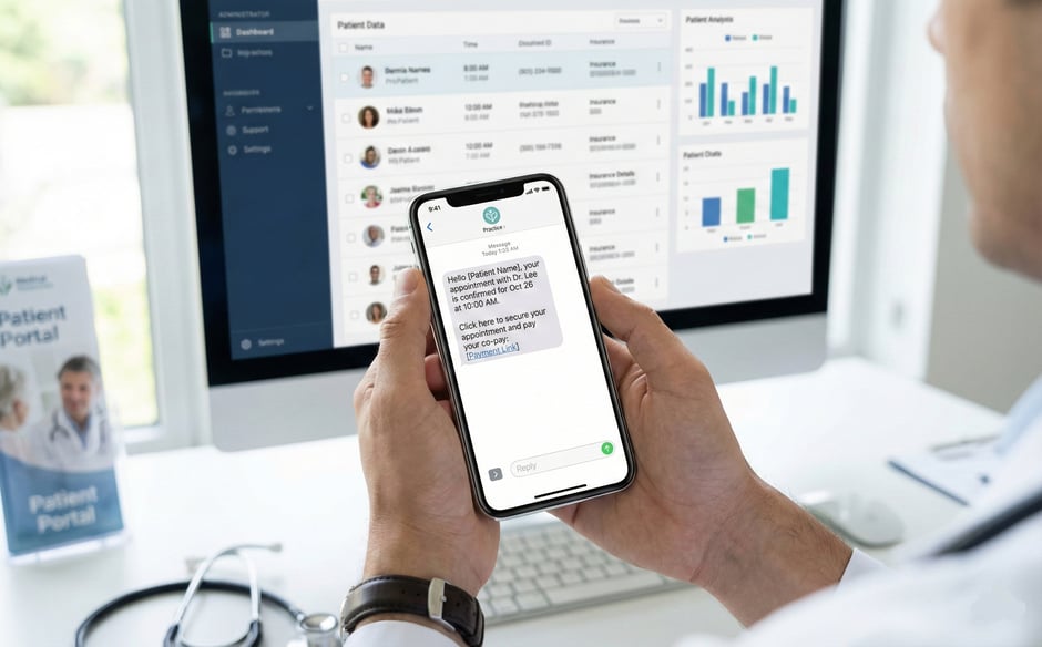 Doctor's hands holding a phone with an automated patient appointment confirmation